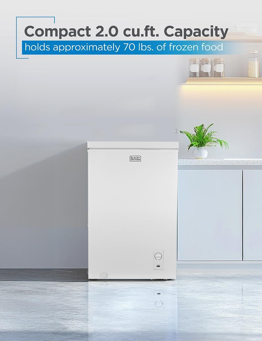 Communicates the freezer's storage capacity in both cubic feet and practical terms (70 lbs of frozen food) to help shoppers understand how much food it can hold despite its compact size. Highlights…