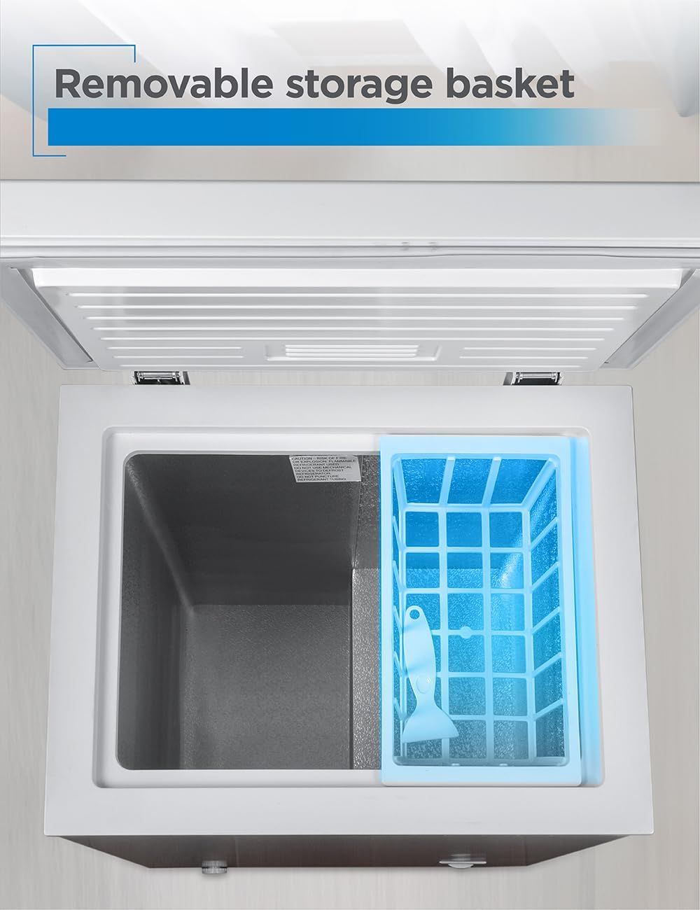 Highlights the removable storage basket feature to show shoppers the organizational convenience and easy access to items stored in the freezer.