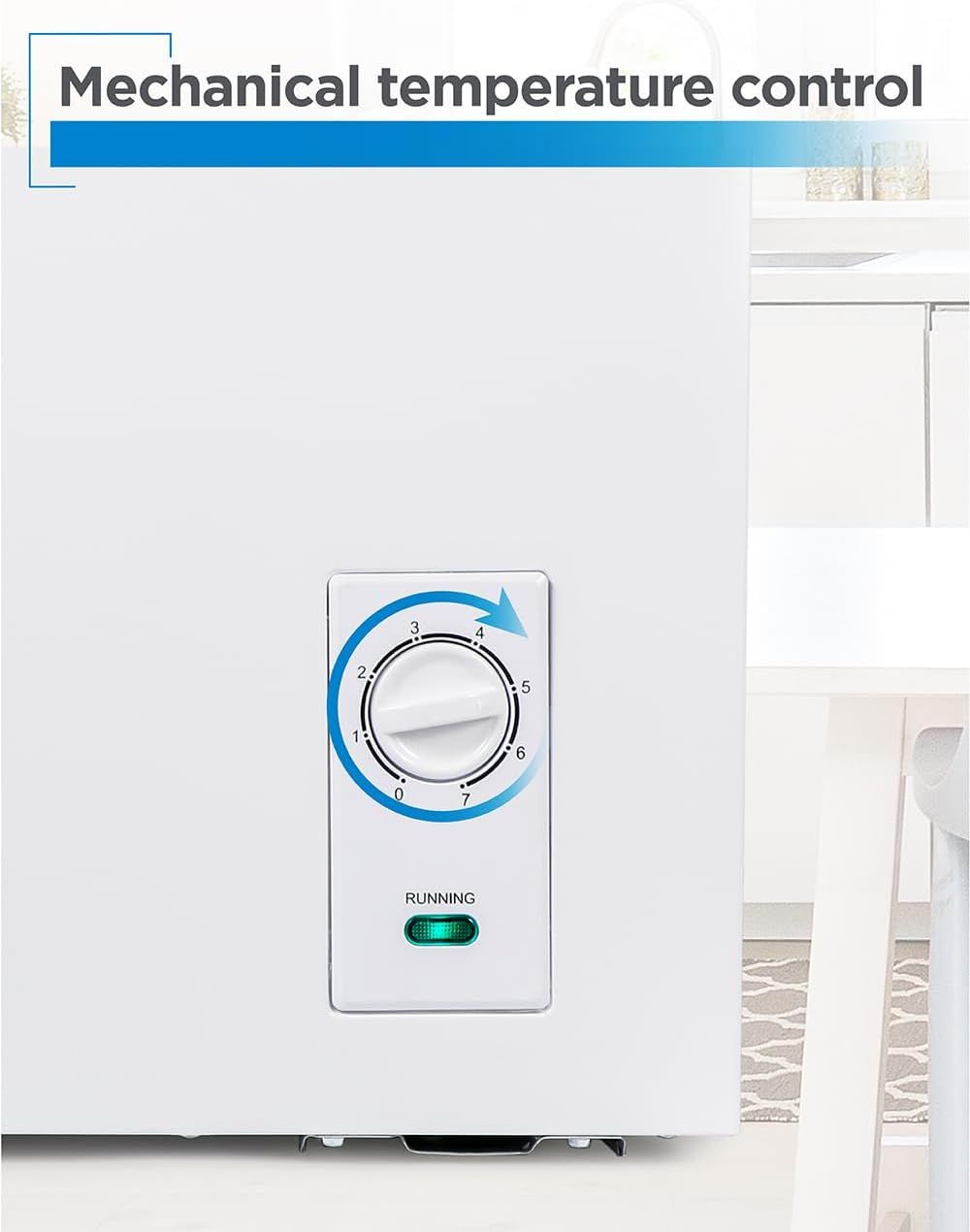 Highlights the product's mechanical temperature control feature with a numbered dial, reassuring shoppers of precise and easy temperature adjustment.