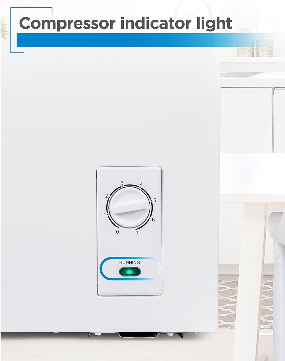 Highlights the compressor indicator light feature to show shoppers how they can monitor when the appliance is running. Communicates the benefit of being able to easily monitor the appliance's…
