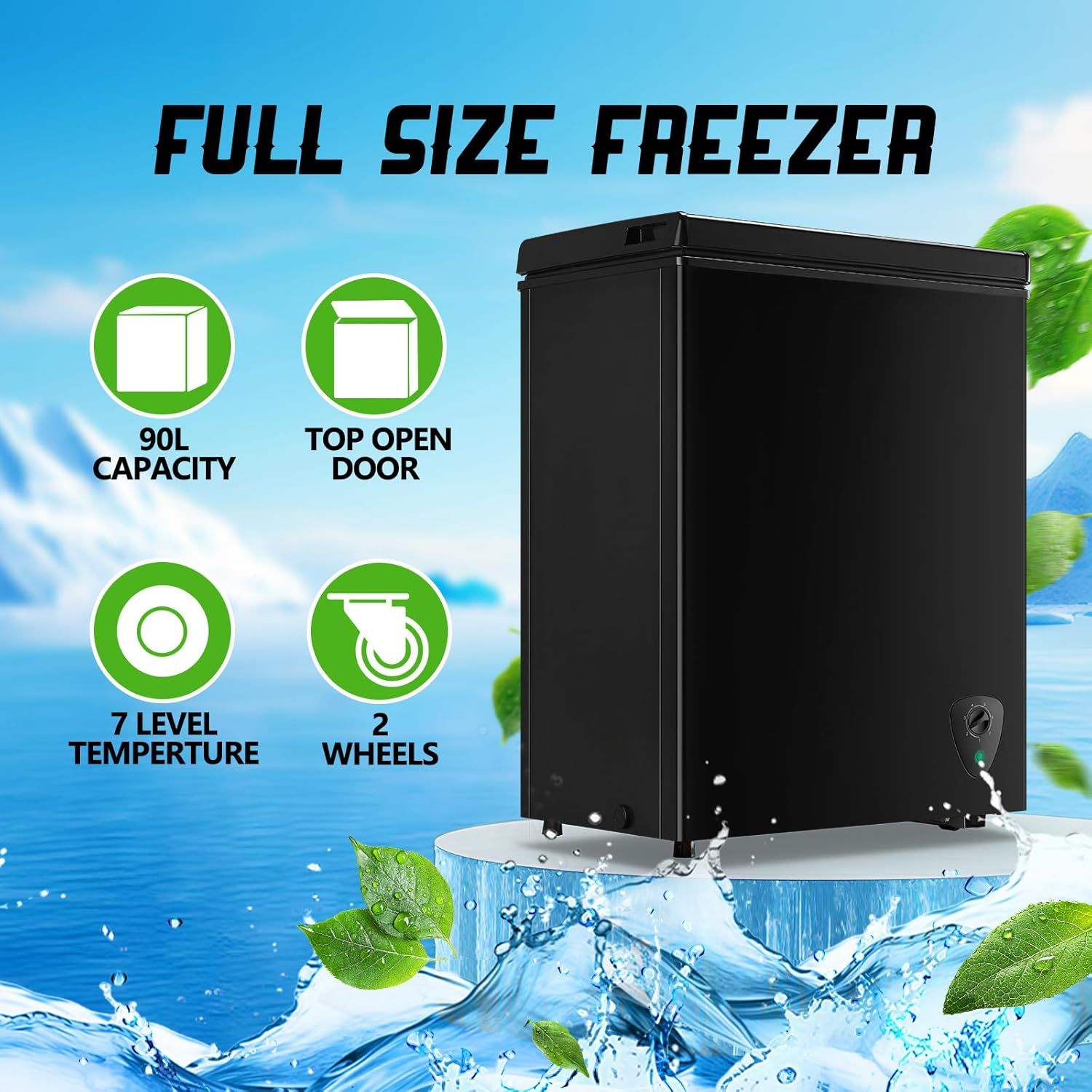Communicates multiple key features of the freezer in a segmented layout to help shoppers quickly understand the product's capacity, design, temperature control, and mobility benefits.