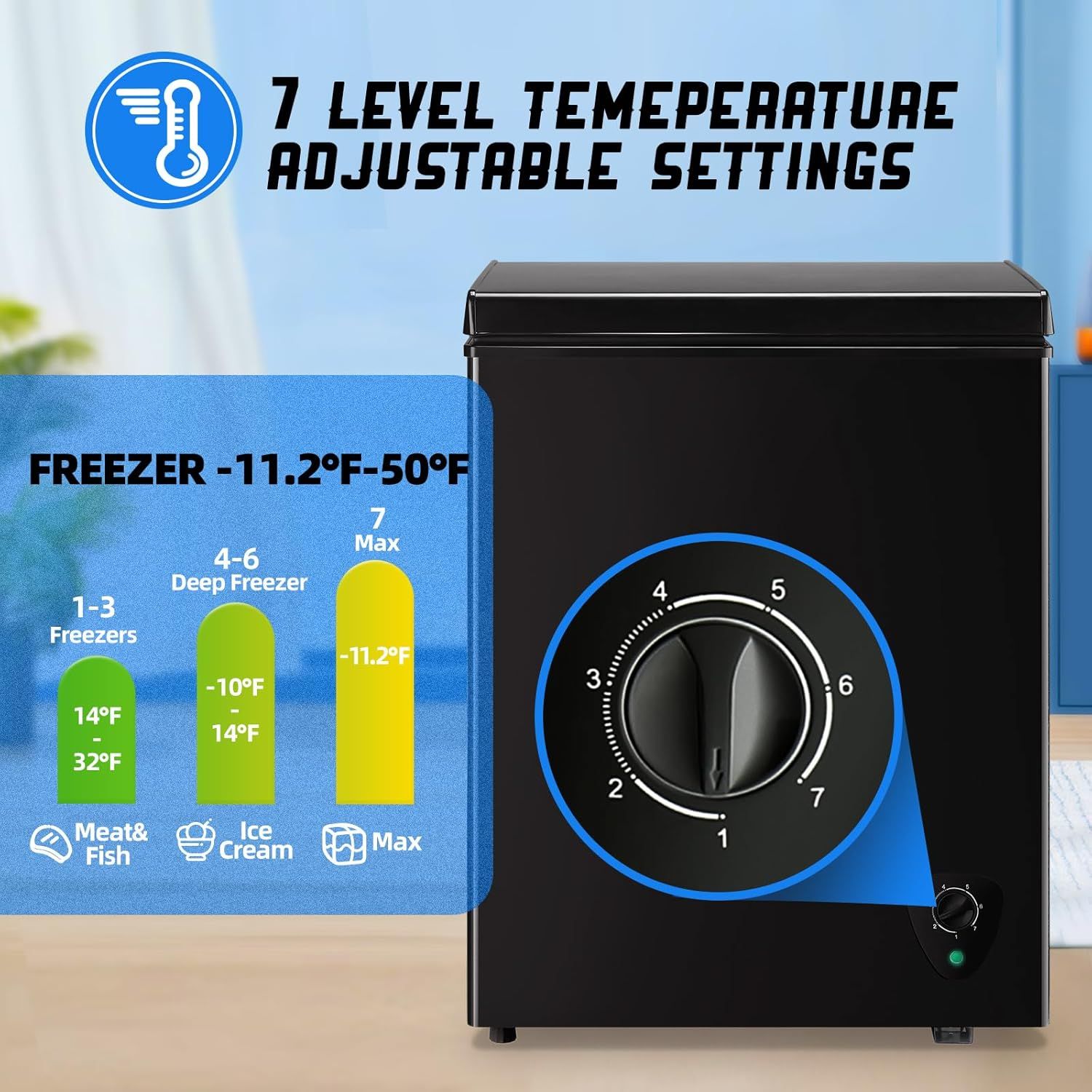 Communicates the product's flexible temperature control feature, reassuring shoppers they can customize freezer settings for different food storage needs.