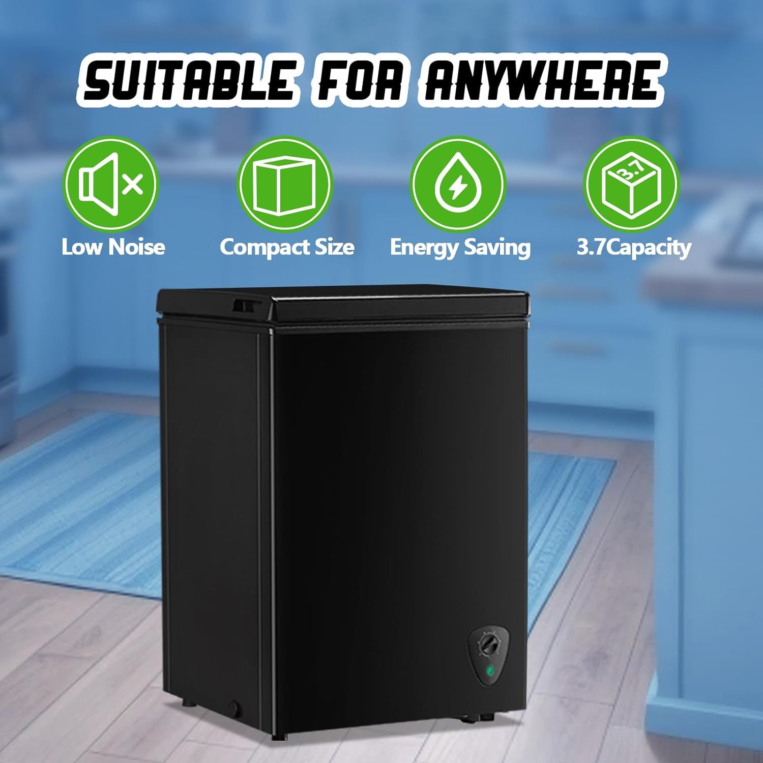 Communicates multiple key benefits of the freezer to show versatility and suitability for various environments, emphasizing quiet operation, space efficiency, energy efficiency, and adequate storage…