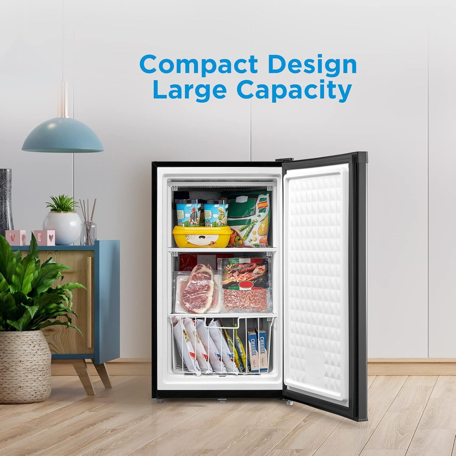 Communicates that the freezer offers both space-saving compact design and generous storage capacity, addressing two key shopper concerns in one image.