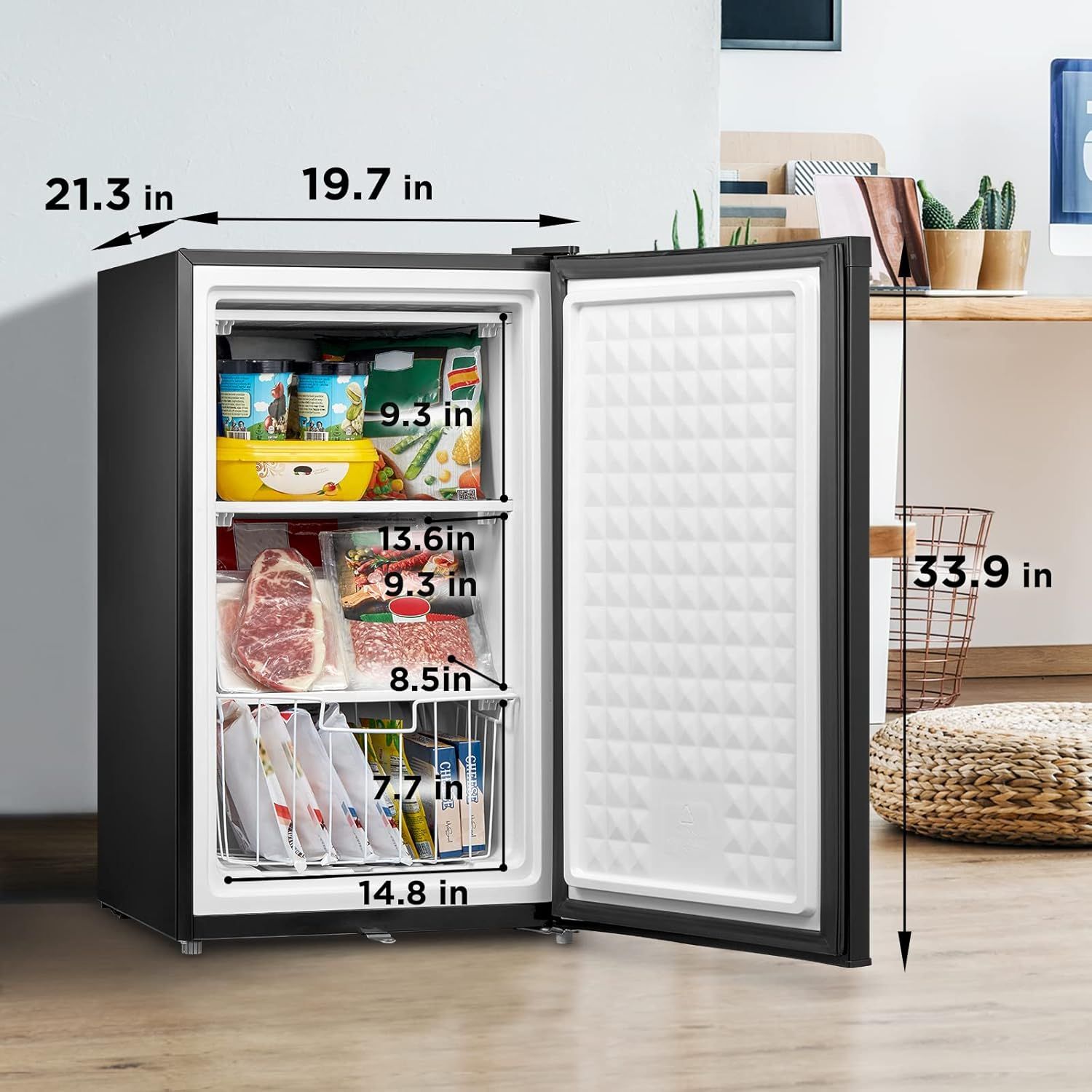 Communicates the exact physical dimensions of the freezer (exterior and interior shelf spaces) to help shoppers understand if it will fit their space and storage needs.