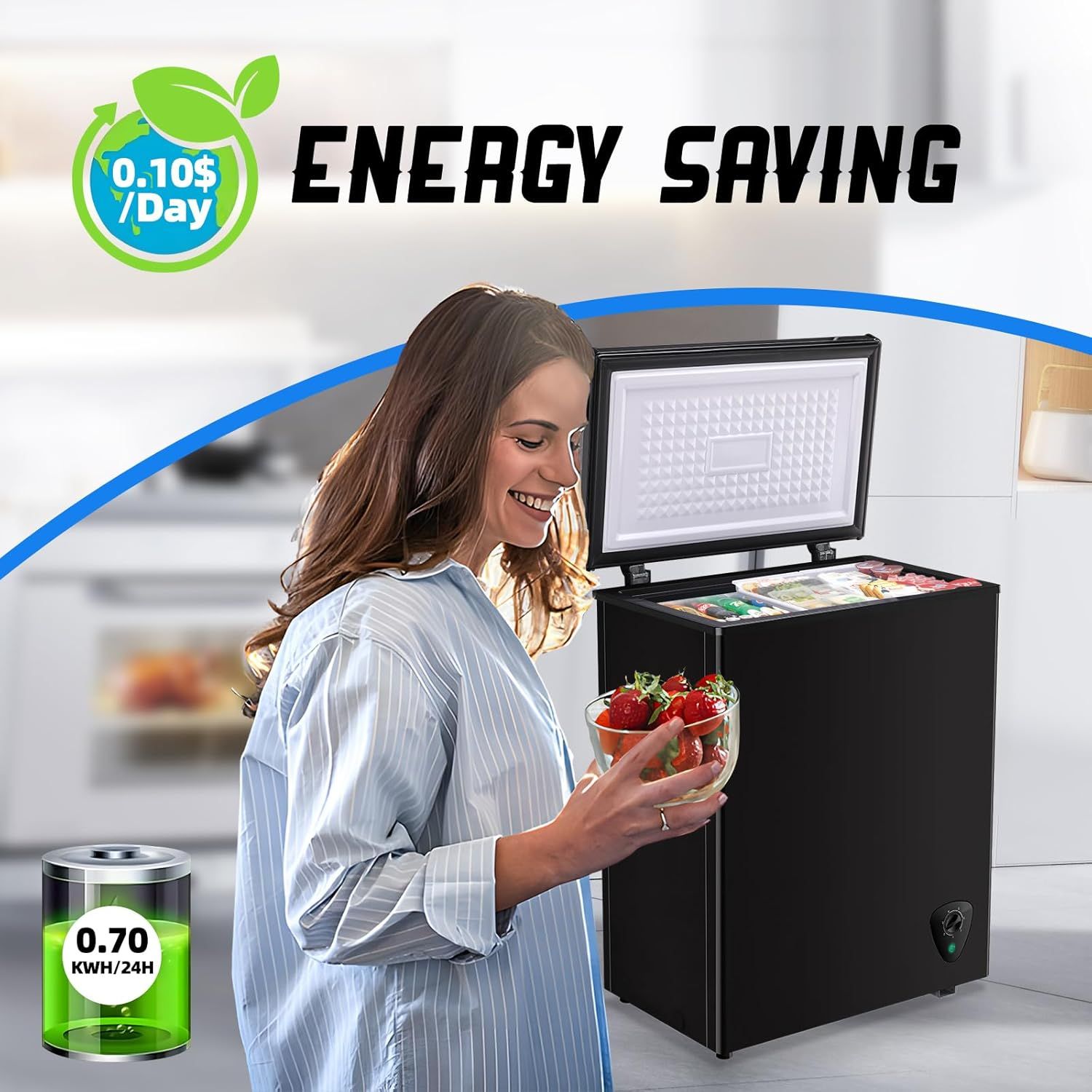 Communicates the product's energy efficiency with specific cost and consumption metrics ($0.10/day and 0.70 kWH/24H) to reassure shoppers about low operating costs and environmental responsibility.…