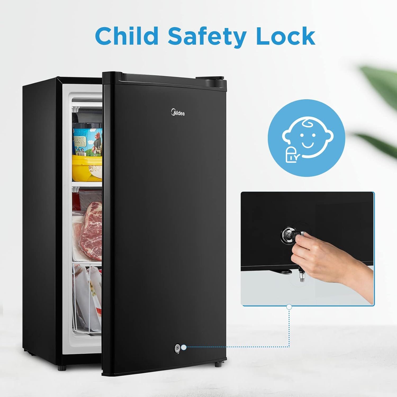 Highlights the child safety lock feature to reassure parents that the refrigerator is safe for households with children, preventing accidental access. Communicates the single key benefit of child…