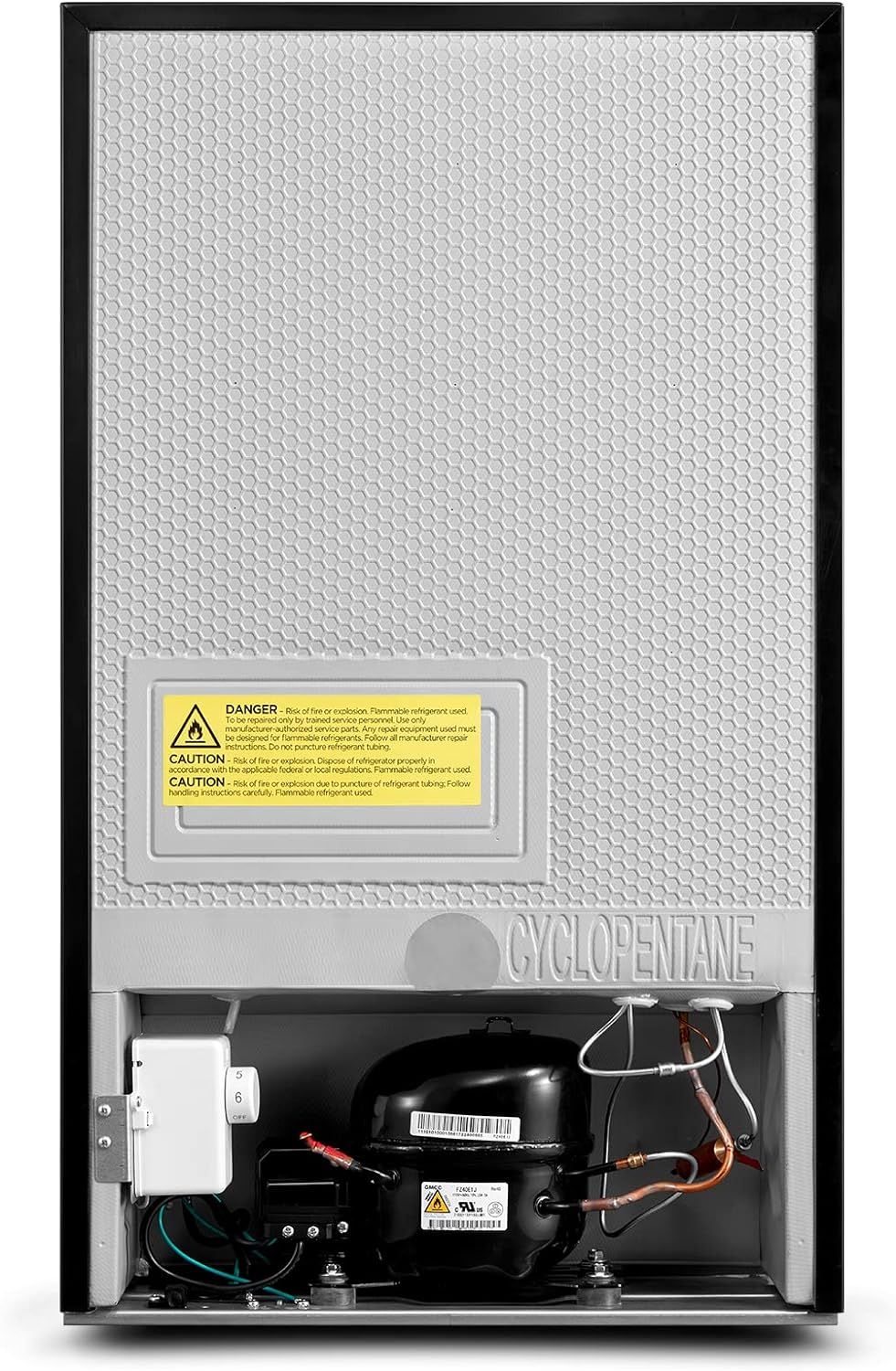Shows the internal mechanical components and construction of the refrigerator to demonstrate quality engineering and help shoppers understand what's inside the unit.