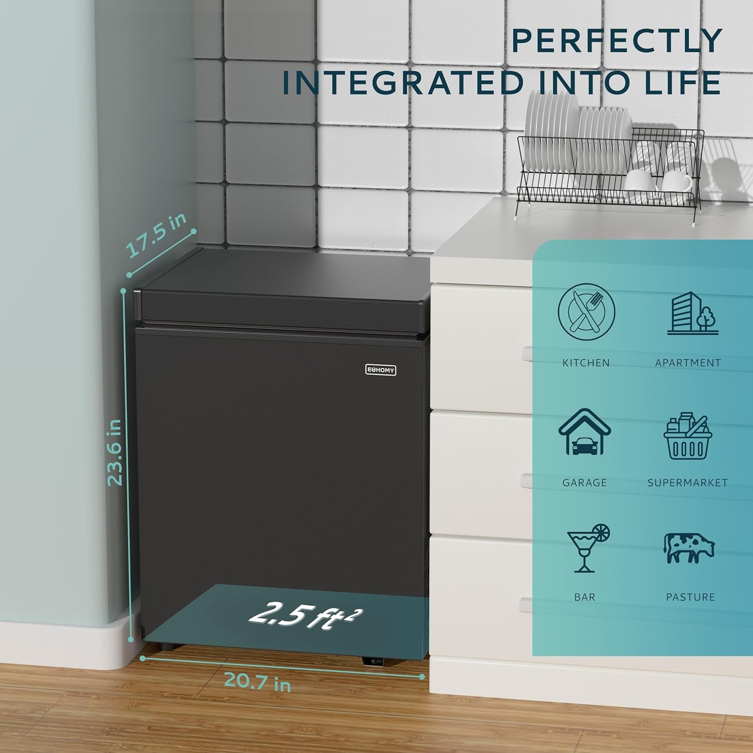 Communicates the exact physical dimensions of the refrigerator (17.5 x 23.6 x 20.7 inches) to help shoppers understand its compact size and ensure it fits their space. Demonstrates the product's…