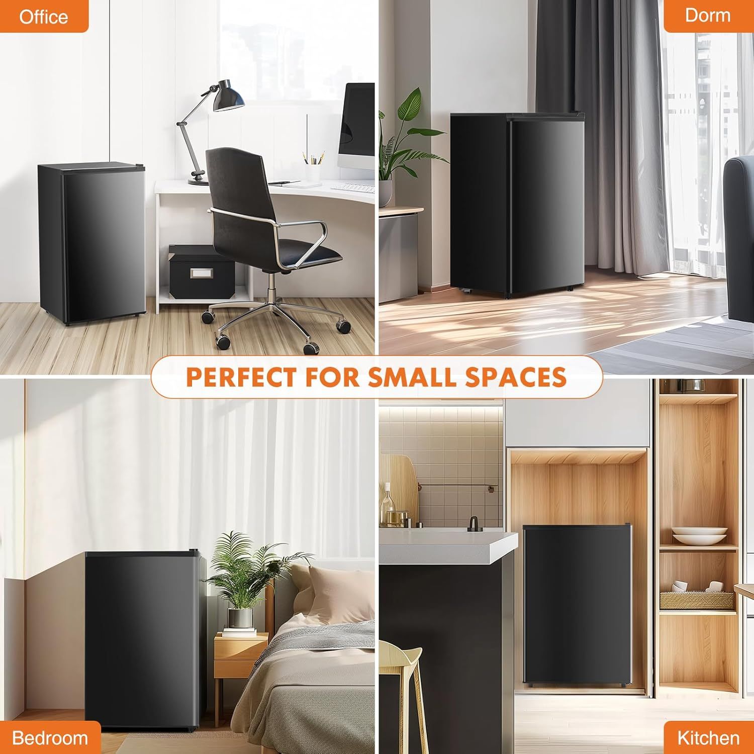 Demonstrates that the product is suitable for multiple environments (office, dorm, bedroom, kitchen) and emphasizes its compact size as ideal for small spaces. Highlights the product's suitability…