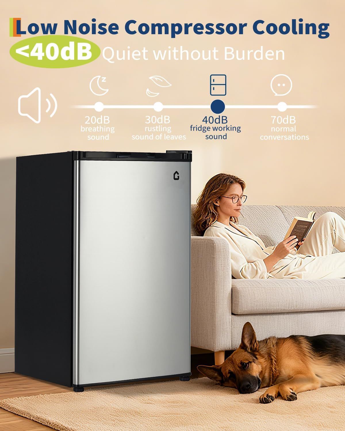 Communicates the refrigerator's quiet operation at less than 40dB, reassuring shoppers that it won't disrupt their living space or daily activities. Shows the product in a real-world home setting…