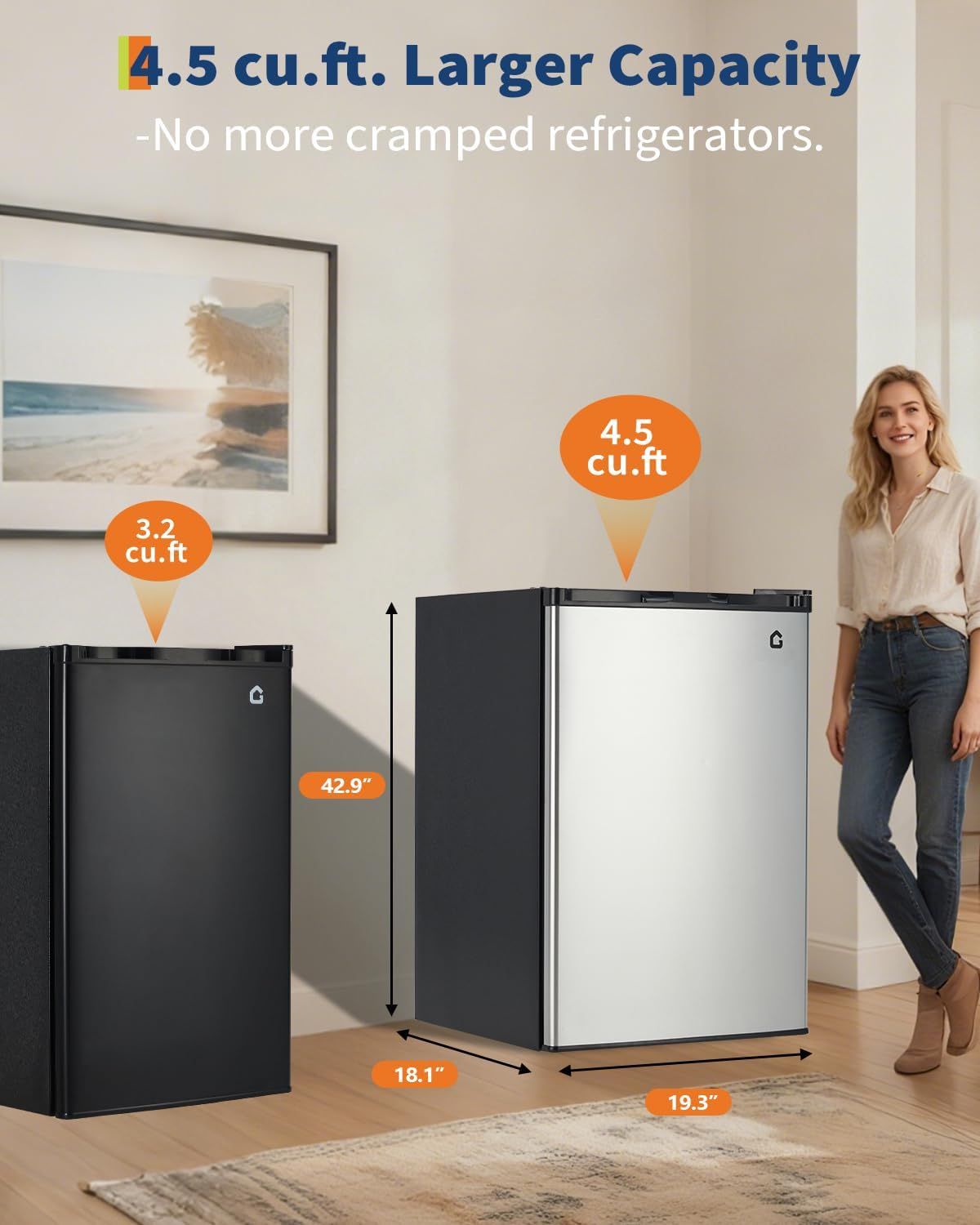 Demonstrates that the featured refrigerator offers 4.5 cu.ft. capacity compared to a smaller 3.2 cu.ft. competitor, solving the problem of cramped refrigerators. Shows the exact physical dimensions…