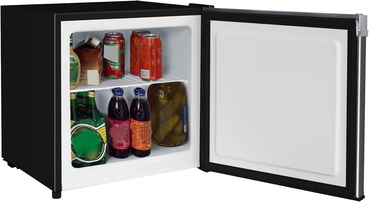 Demonstrates the product in a real-world usage scenario, showing the mini fridge stocked with beverages and food items to help shoppers visualize capacity and practical application.