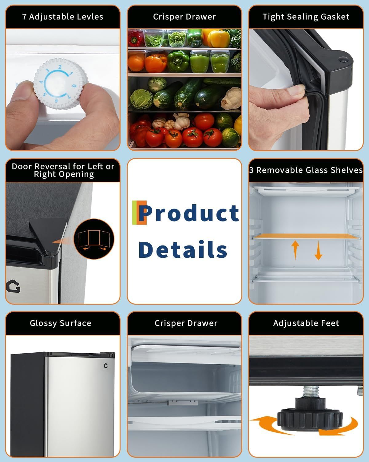 This image showcases multiple distinct features and benefits of the refrigerator in a segmented grid layout, helping shoppers understand the product's versatility, storage options, and practical…