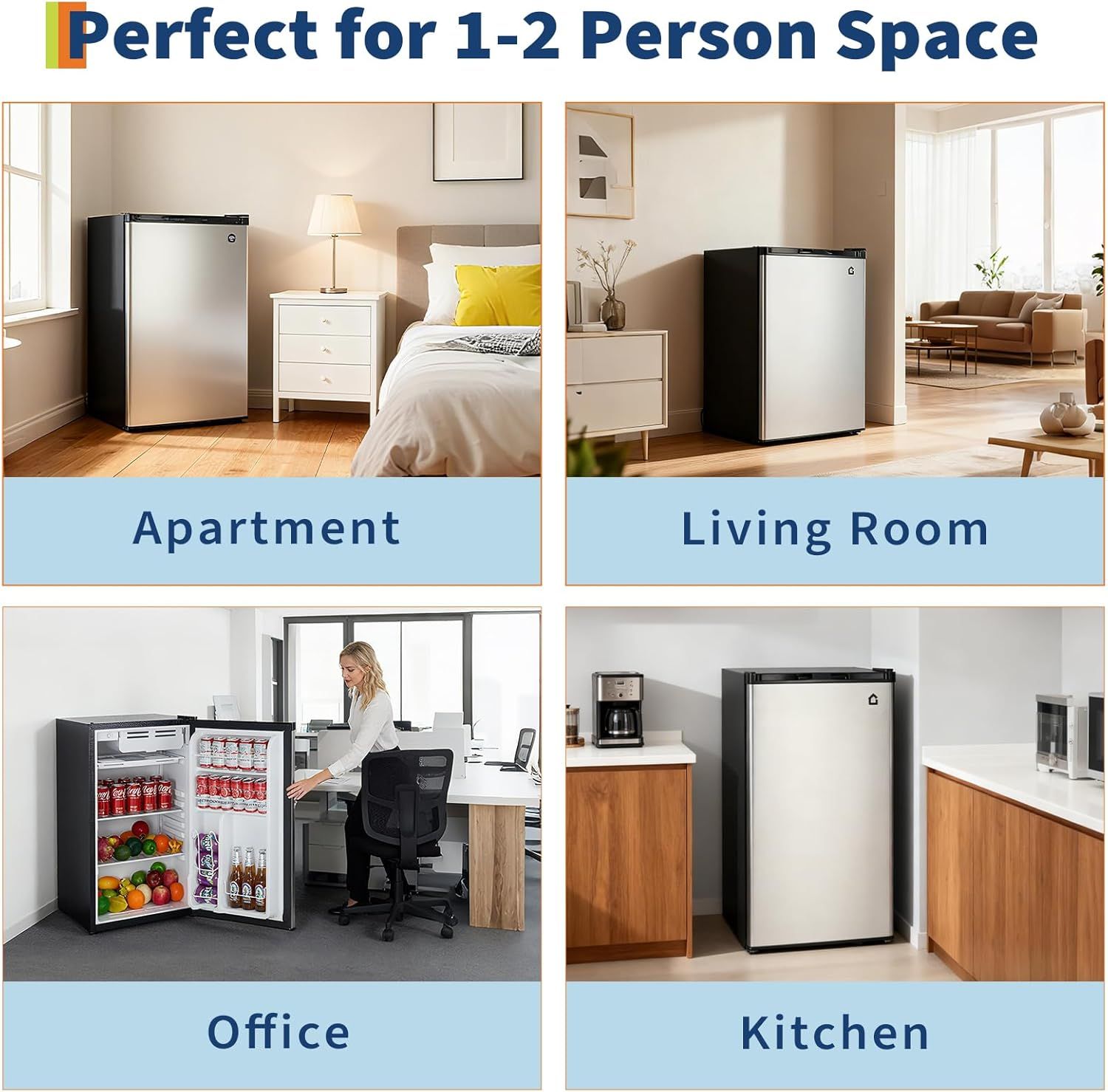 Demonstrates the product's versatility by showing it fits perfectly in multiple real-world environments (apartment bedroom, living room, office, and kitchen), reassuring shoppers it's ideal for 1-2…