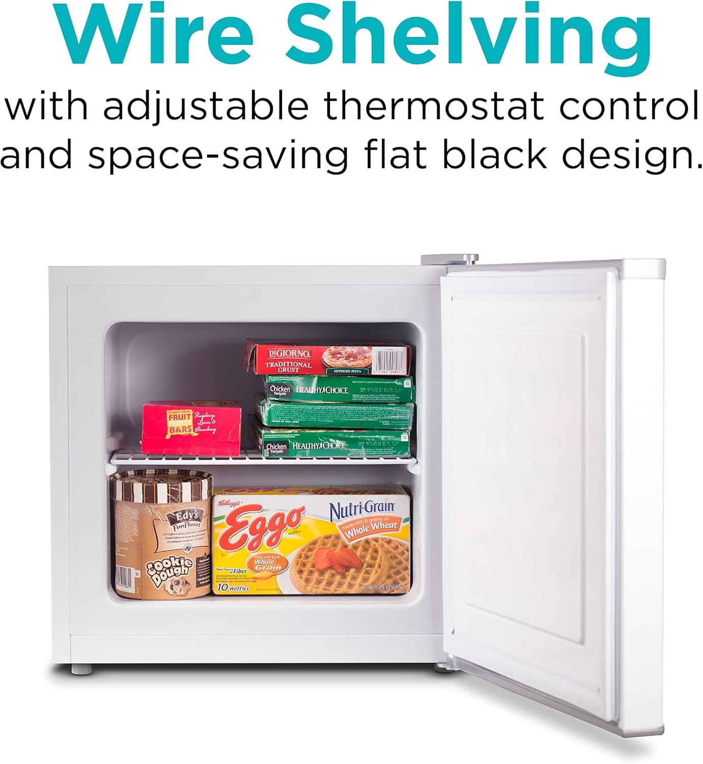 Communicates multiple key benefits of the freezer including its wire shelving storage system, adjustable temperature control, and compact space-saving design to appeal to shoppers looking for a…