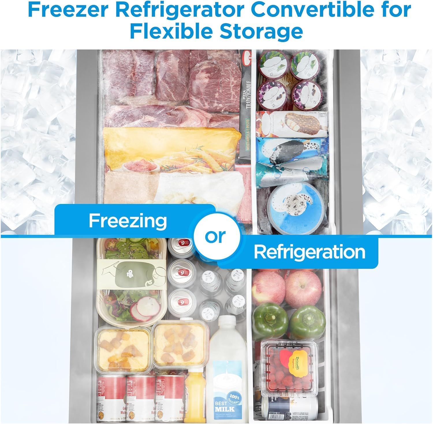 Demonstrates the product's versatility by showing it can be used as both a freezer and refrigerator, with visual examples of different food storage scenarios to reassure shoppers of its flexible…