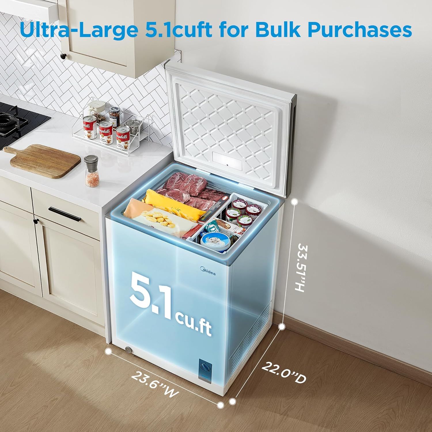 Communicates the large storage capacity of the freezer to show it's ideal for bulk purchases and storing large quantities of food. Shows the exact physical dimensions (height, width, depth) of the…