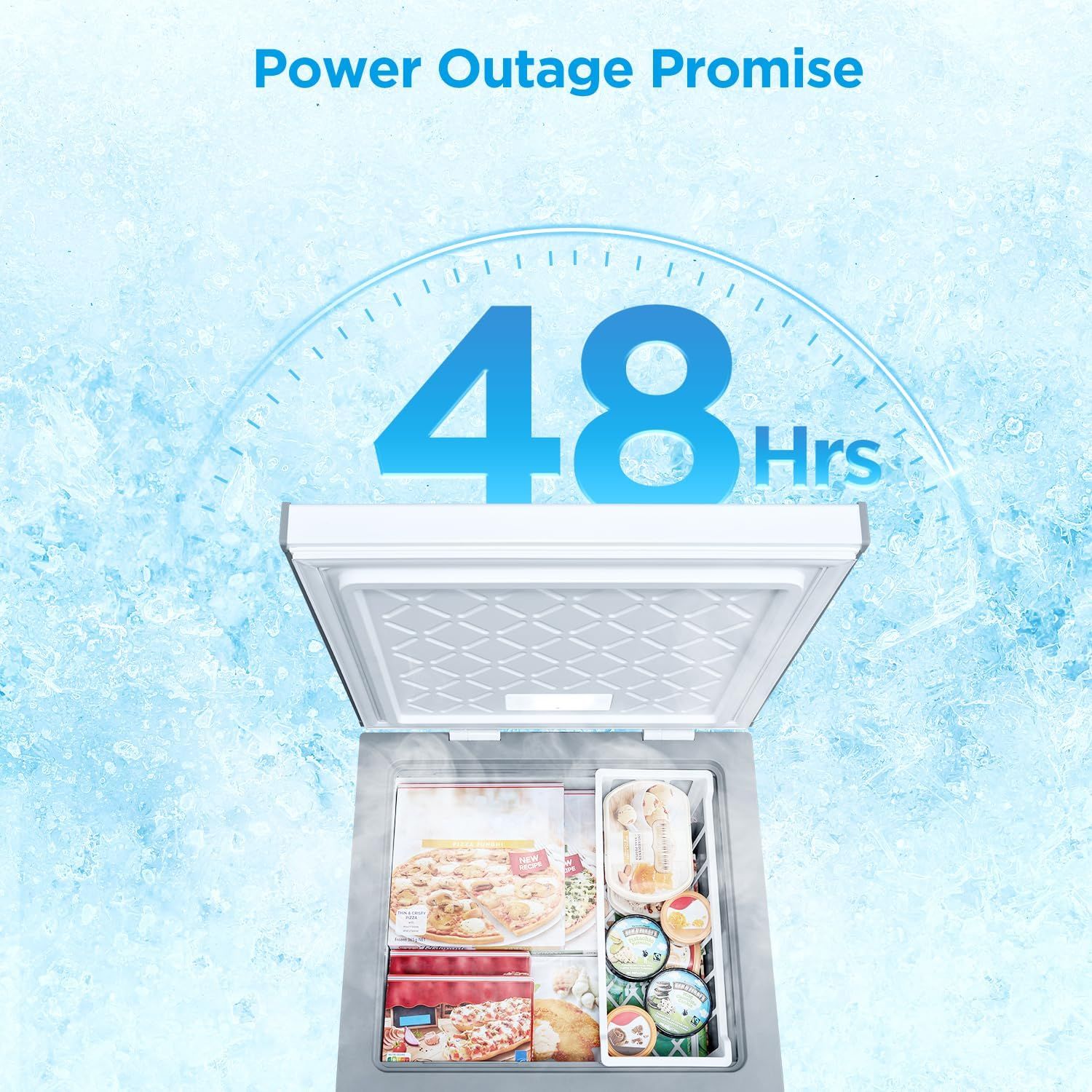 Communicates the freezer's ability to keep food frozen for 48 hours during a power outage, reassuring shoppers about food safety and reliability during emergencies. Highlights the product's key…