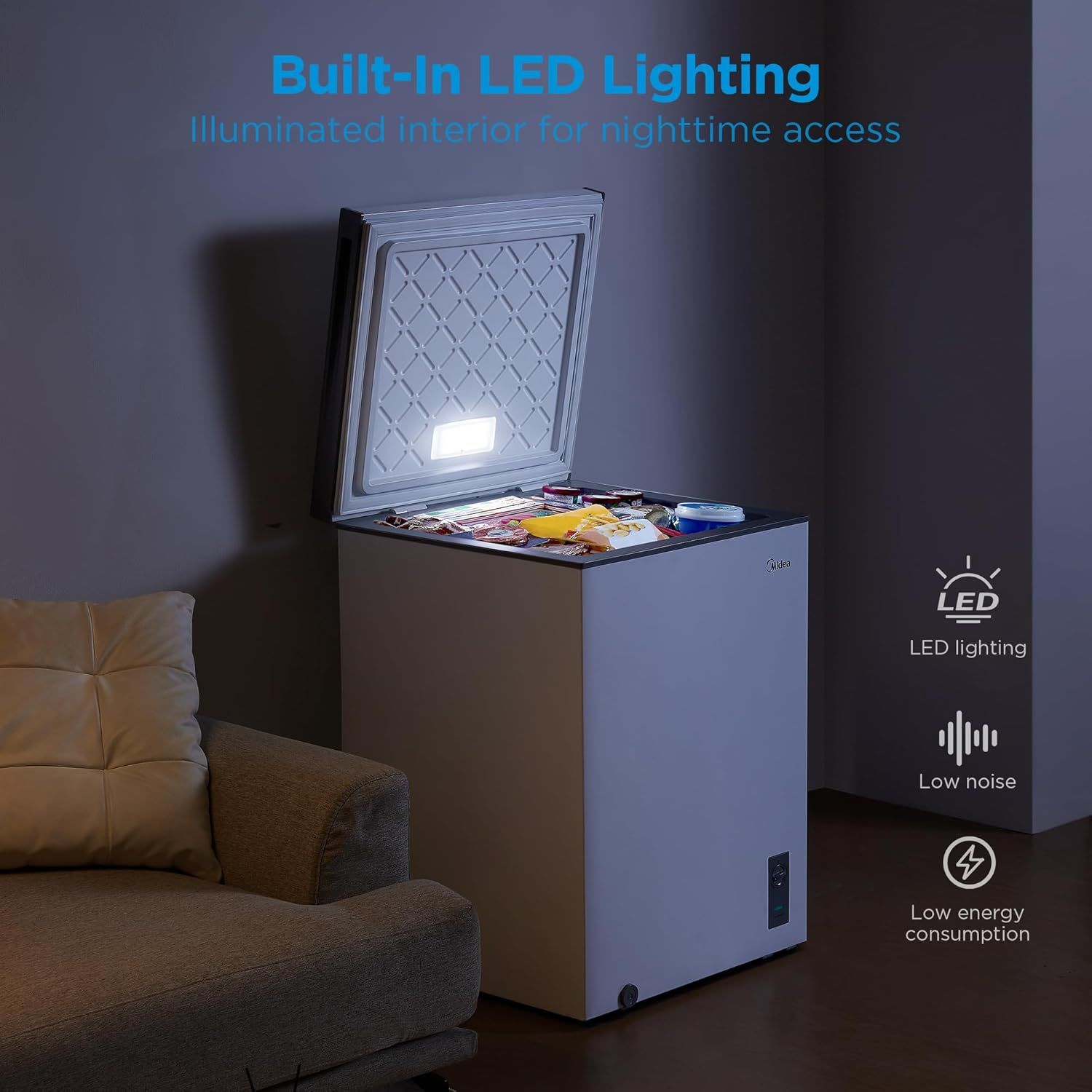 Communicates multiple distinct benefits of the freezer—LED lighting for nighttime access, quiet operation, and energy efficiency—to reassure shoppers of its convenience and cost-effectiveness.