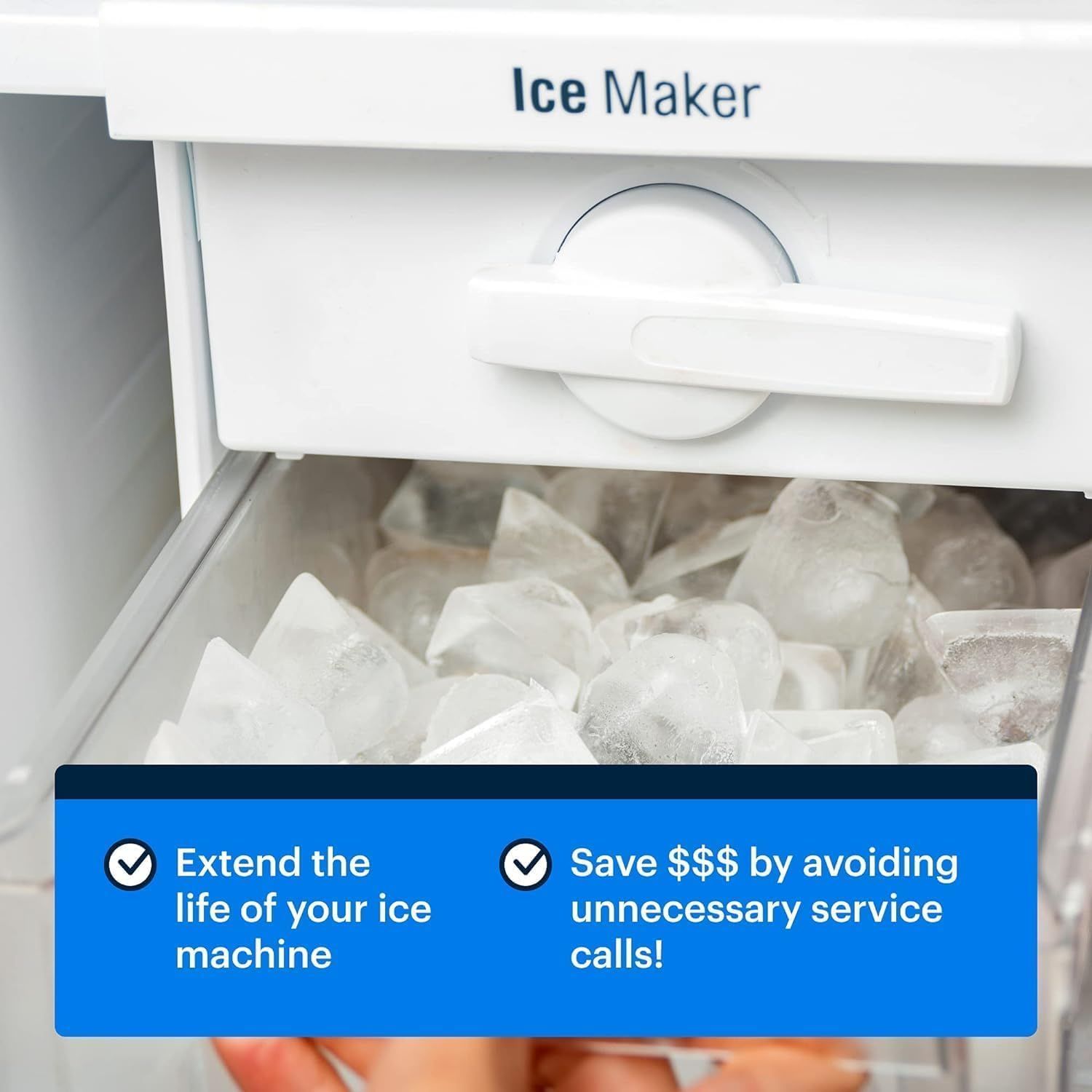Communicates two distinct benefits of the ice maker: extending the machine's lifespan and saving money by avoiding service calls, reassuring shoppers of long-term value and reliability.