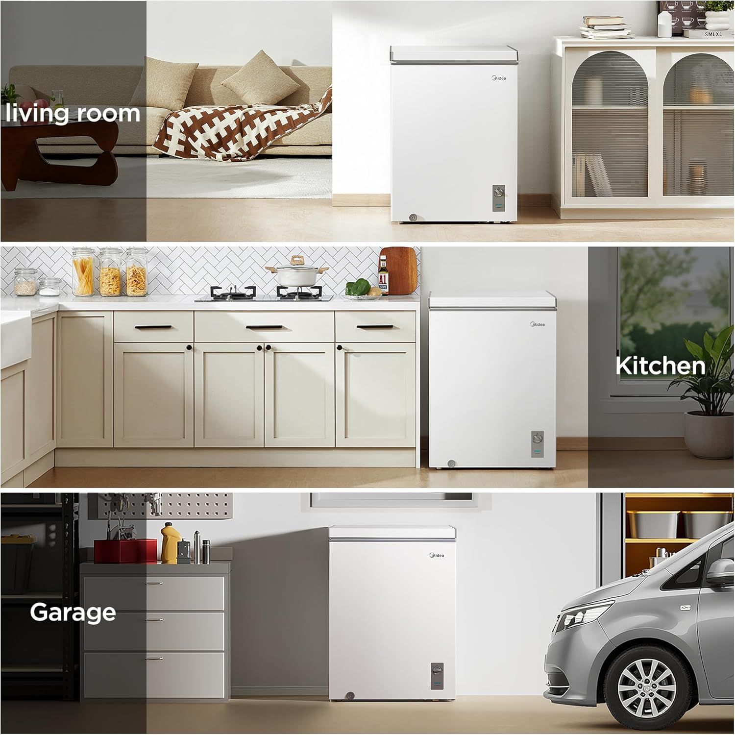 Demonstrates the product's versatility by showing it can be used in multiple environments including living room, kitchen, and garage, reassuring shoppers it fits various lifestyle needs.