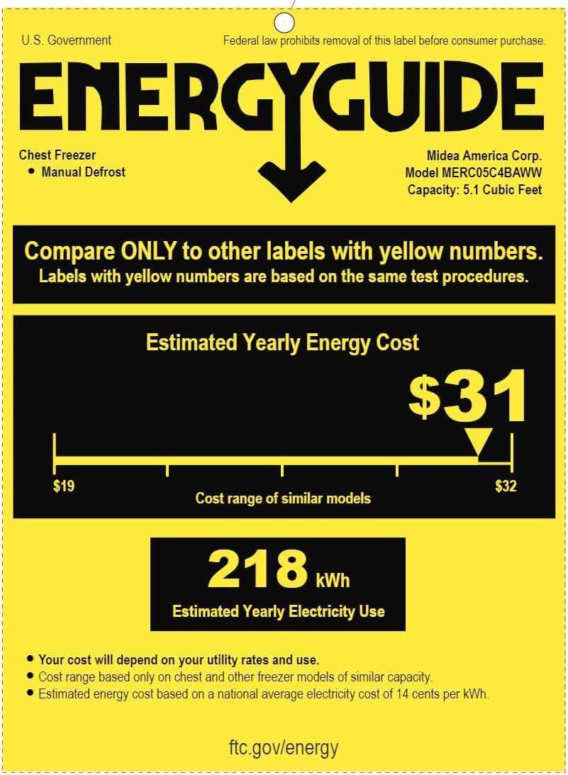 Communicates the product's energy efficiency by displaying the estimated yearly energy cost ($31) and electricity usage (218 kWh), helping shoppers understand operating costs and compare with…