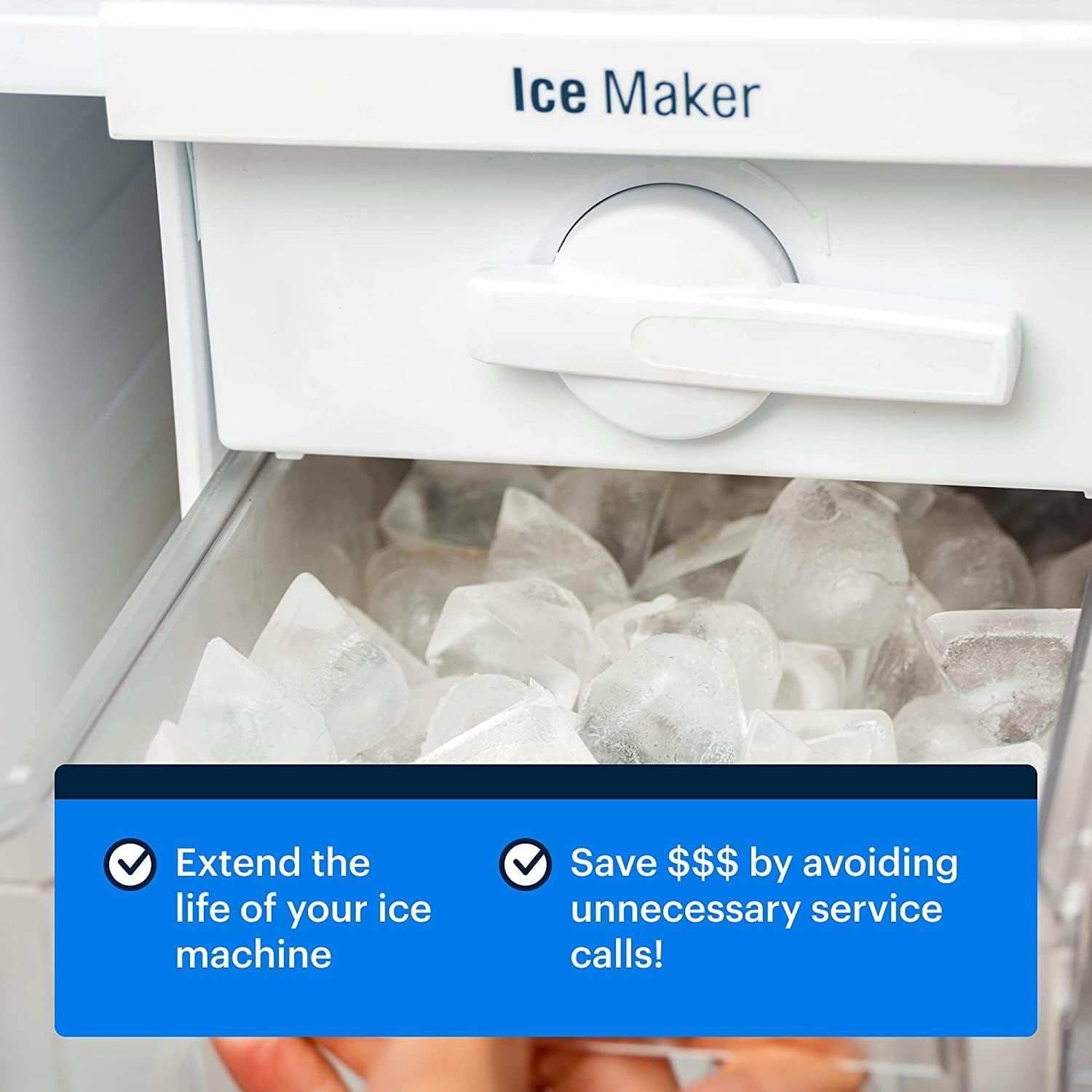 Communicates two distinct benefits of the product: extending the ice machine's lifespan and saving money by reducing service calls.