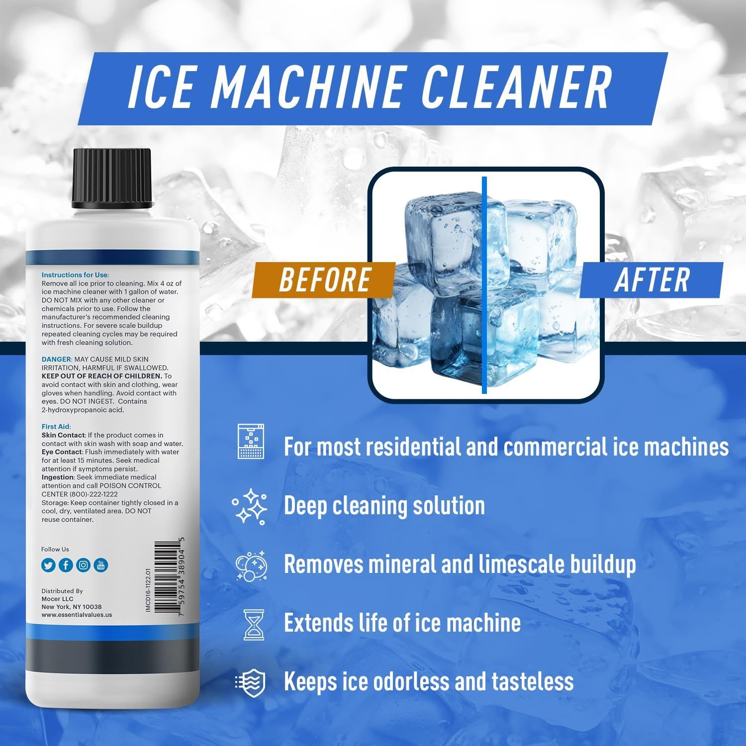Demonstrates the cleaning effectiveness of the ice machine cleaner by showing cloudy, dirty ice cubes transformed into clear, clean ice cubes, reassuring shoppers of the product's ability to restore…