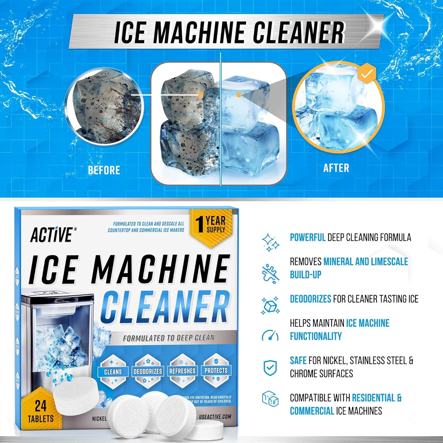 Demonstrates the cleaning effectiveness of the ice machine cleaner by showing dirty, contaminated ice cubes before use and clean, clear ice cubes after use. Highlights multiple distinct benefits of…