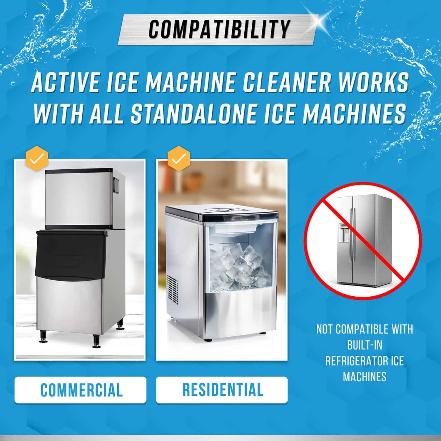 Communicates which types of ice machines the cleaner works with (standalone commercial and residential models) and which it does not (built-in refrigerator ice machines), helping shoppers quickly…