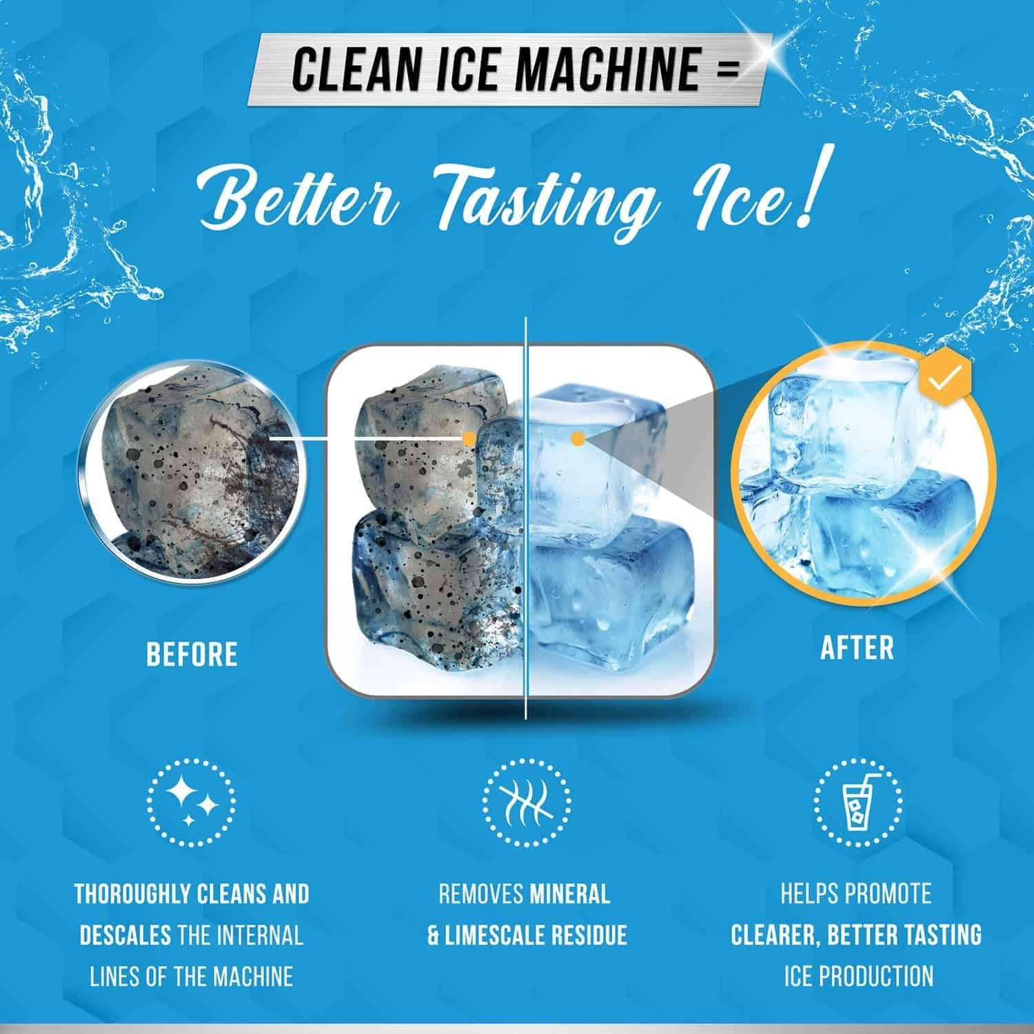 Demonstrates the transformation from dirty, contaminated ice to clean, clear ice by using the product to clean the ice machine, reassuring shoppers of improved hygiene and taste. Highlights three…