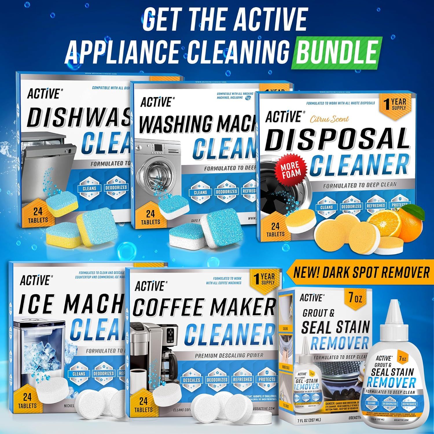Shows all the cleaning products included in the Active appliance cleaning bundle, helping shoppers understand the complete set they will receive and the variety of appliances covered.
