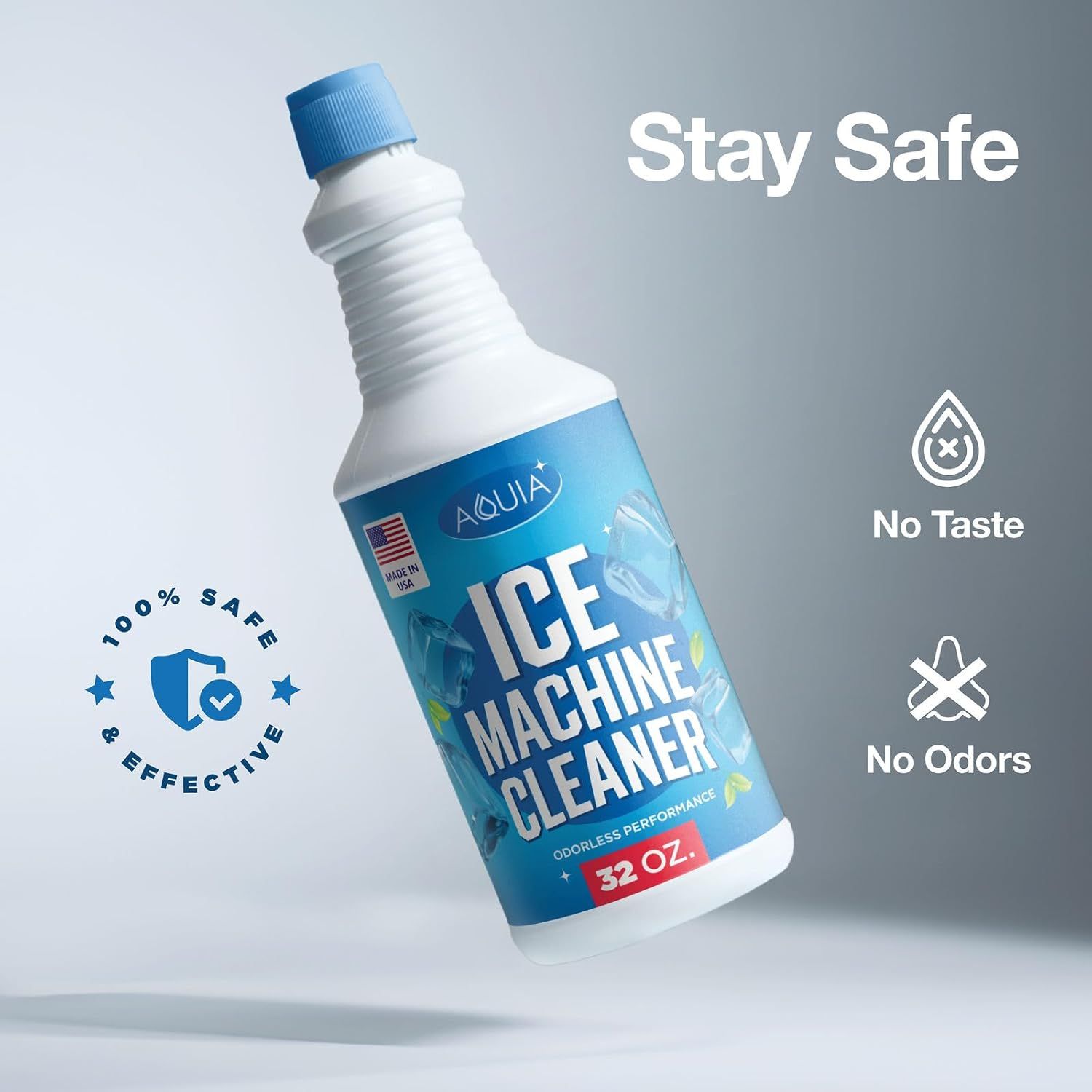 Communicates multiple key benefits of the ice machine cleaner: safety for use, no residual taste, and odorless performance to reassure shoppers of a clean, worry-free cleaning experience.