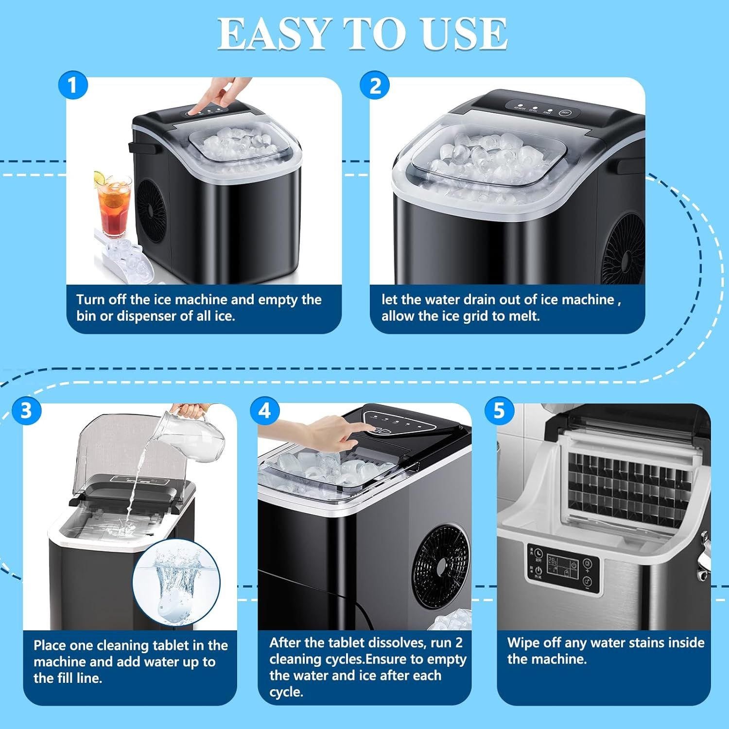 Provides step-by-step instructions on how to clean and maintain the ice machine, reassuring shoppers that the product is easy to care for and keep hygienic.