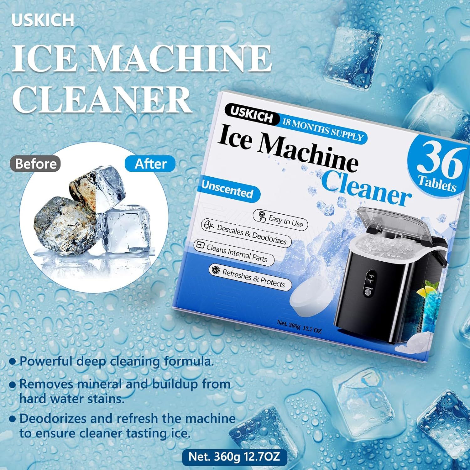 Demonstrates the cleaning effectiveness by showing dirty, stained ice cubes before and clean, clear ice cubes after using the product, proving the product's ability to remove buildup and refresh the…