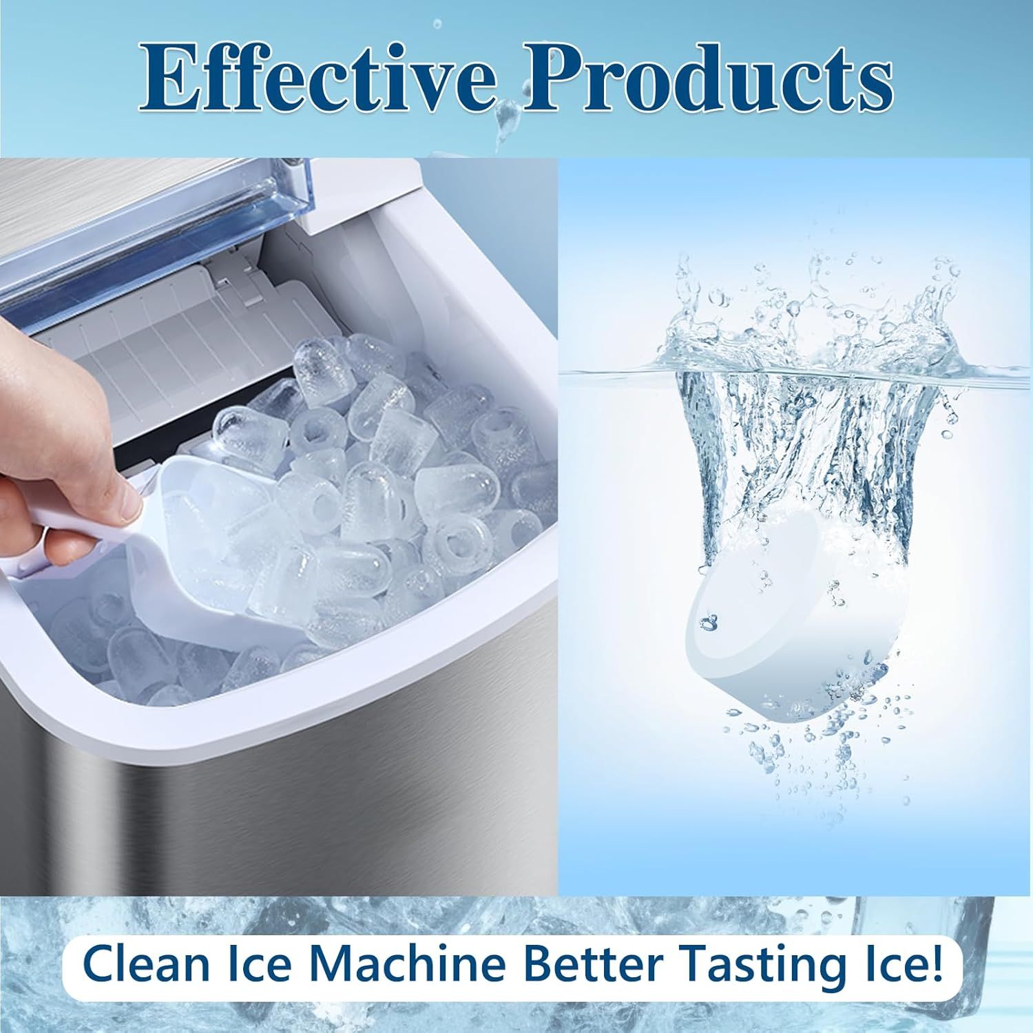 Communicates that the ice machine produces clean, pure ice that tastes better, reassuring shoppers about ice quality and hygiene.