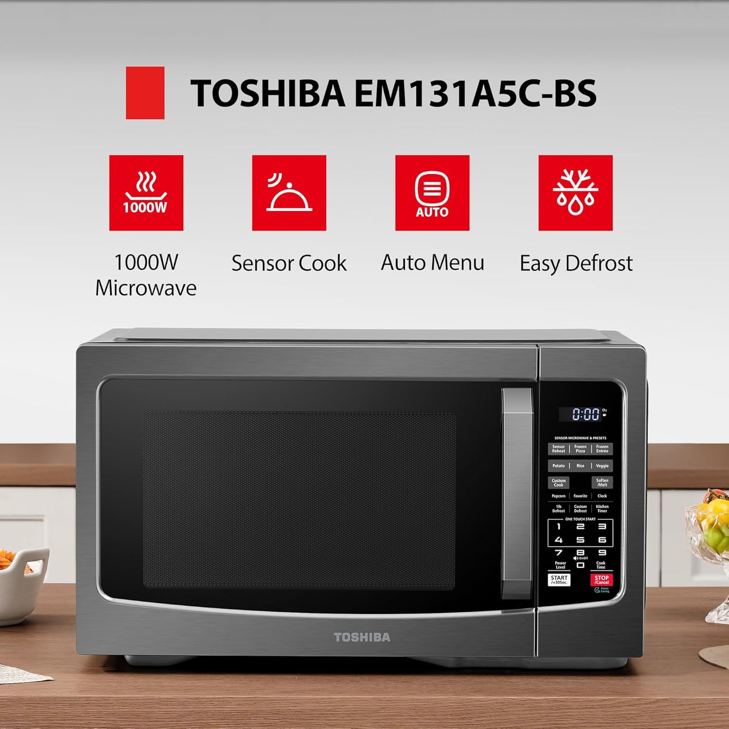 Highlights four key features of the Toshiba microwave in a segmented layout to communicate its versatility, power, and convenience to shoppers.