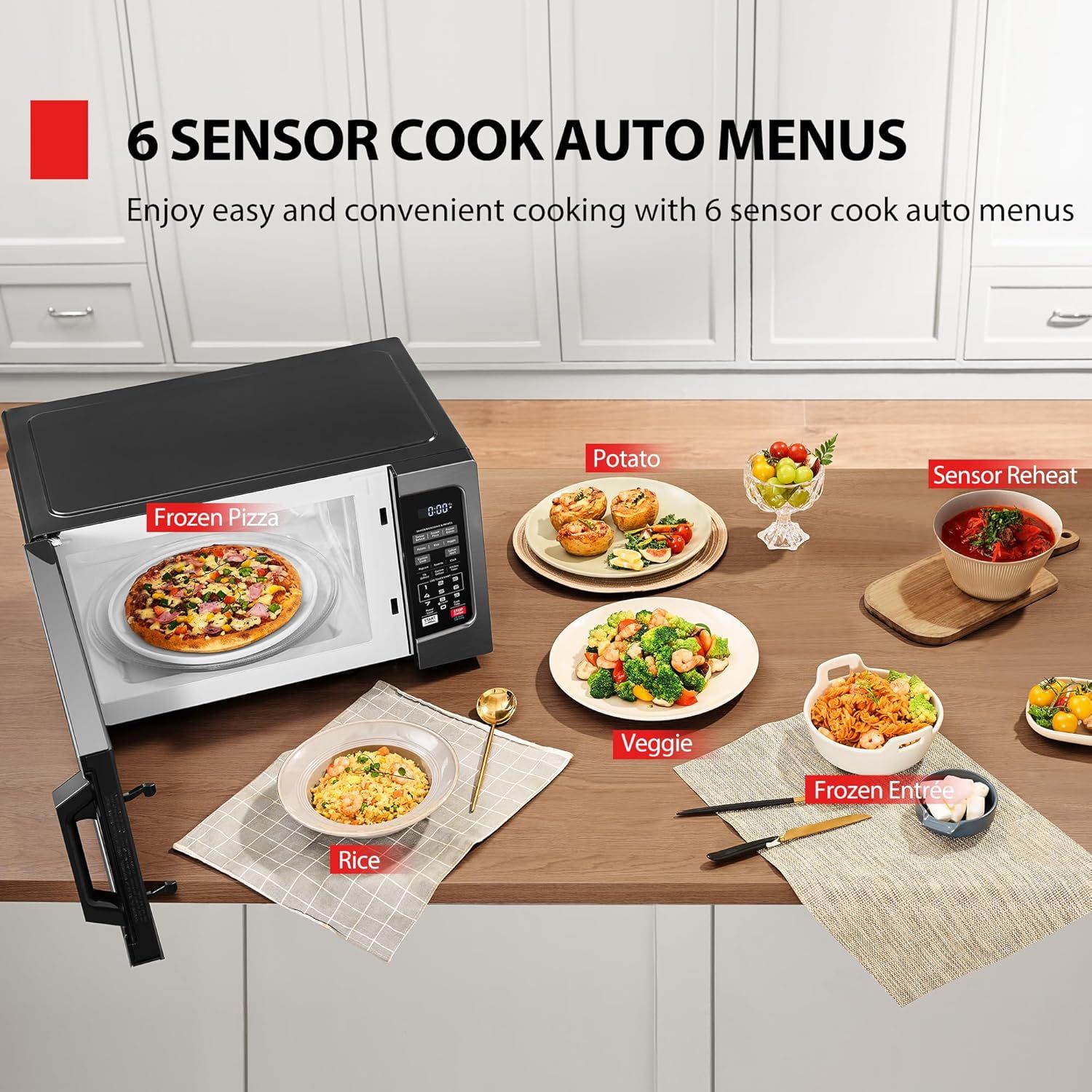Demonstrates the versatility of the microwave by showing six different food types that can be cooked using the sensor cook auto menus, reassuring shoppers that the appliance handles multiple cooking…