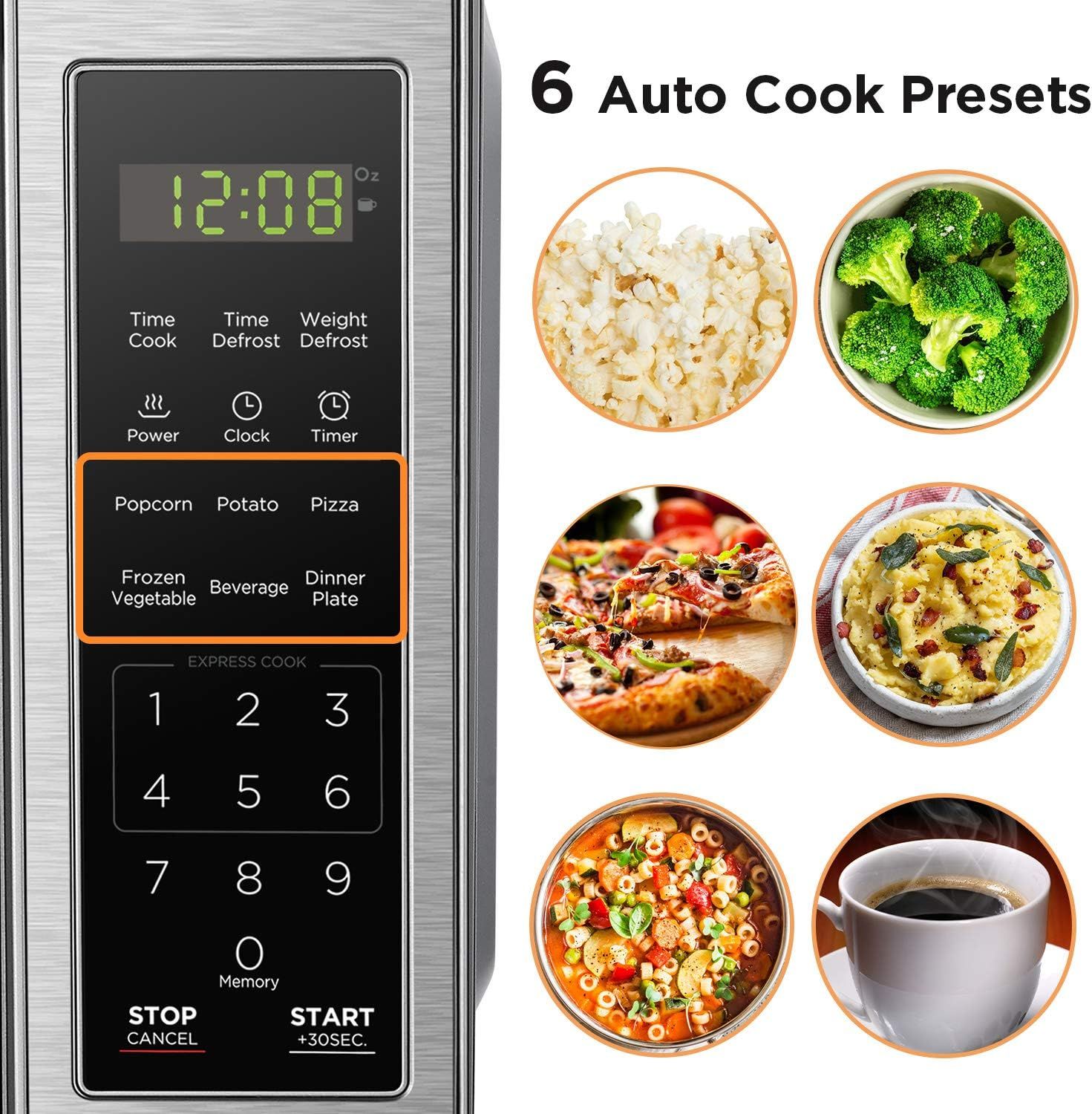 Highlights the convenience of 6 one-touch preset cooking programs for common foods like popcorn, pizza, vegetables, and beverages, reassuring shoppers that the microwave simplifies meal preparation.