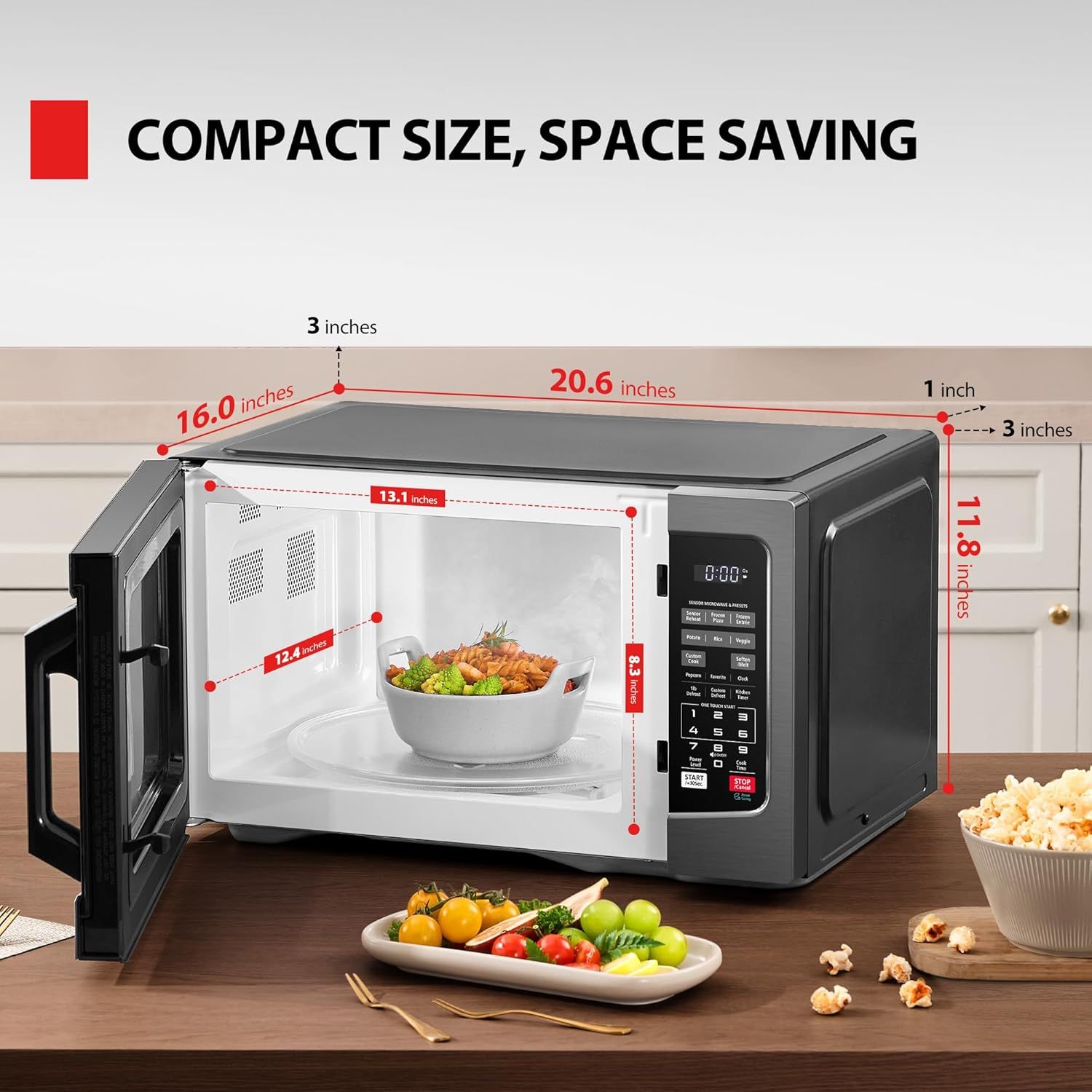 Communicates the exact physical dimensions of the microwave to help shoppers understand its compact footprint and ensure it will fit in their kitchen space. Reinforces the key benefit that this…