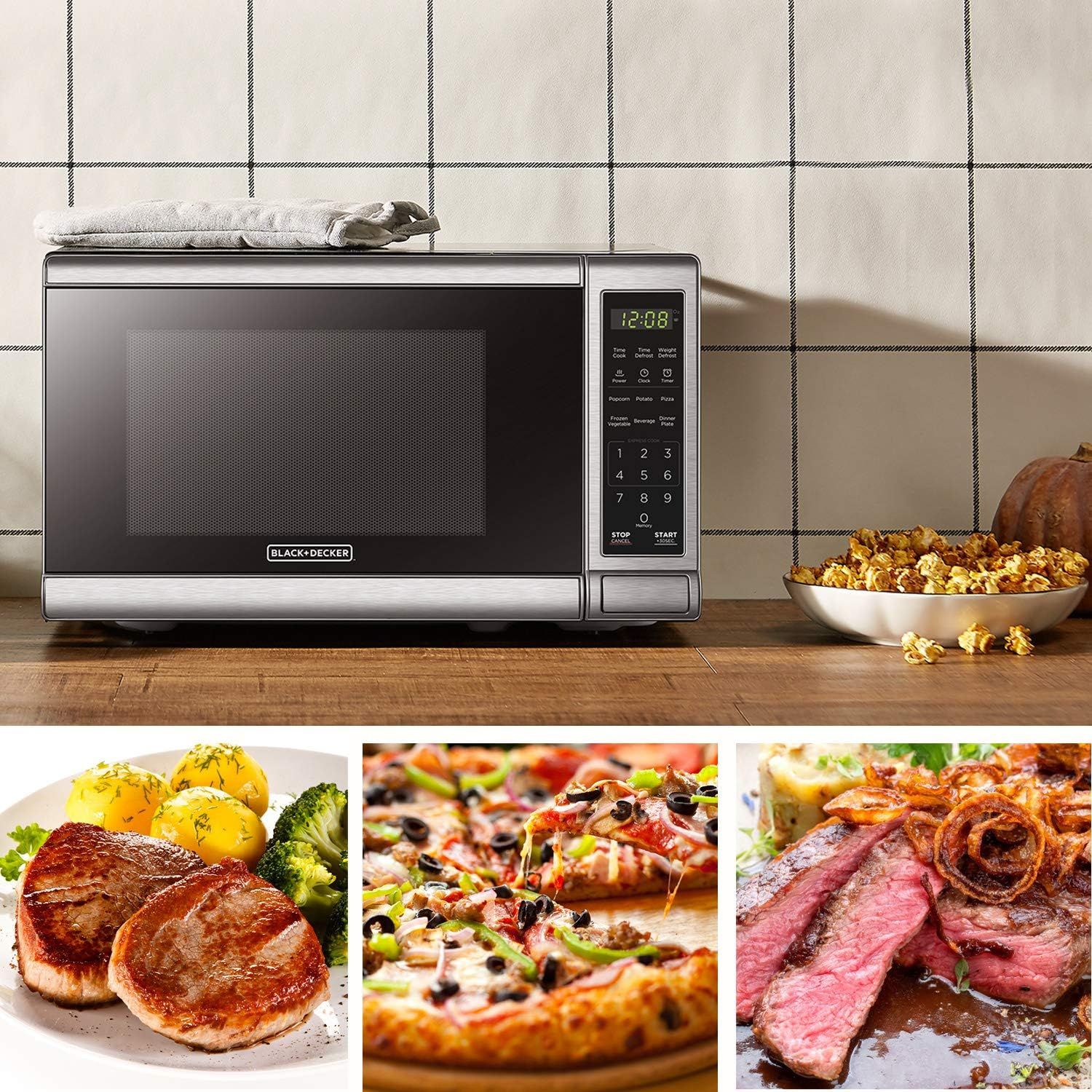 Demonstrates the microwave's versatility by showing multiple different meal types it can prepare, from proteins to pizza to vegetables, reassuring shoppers that this appliance can handle diverse…