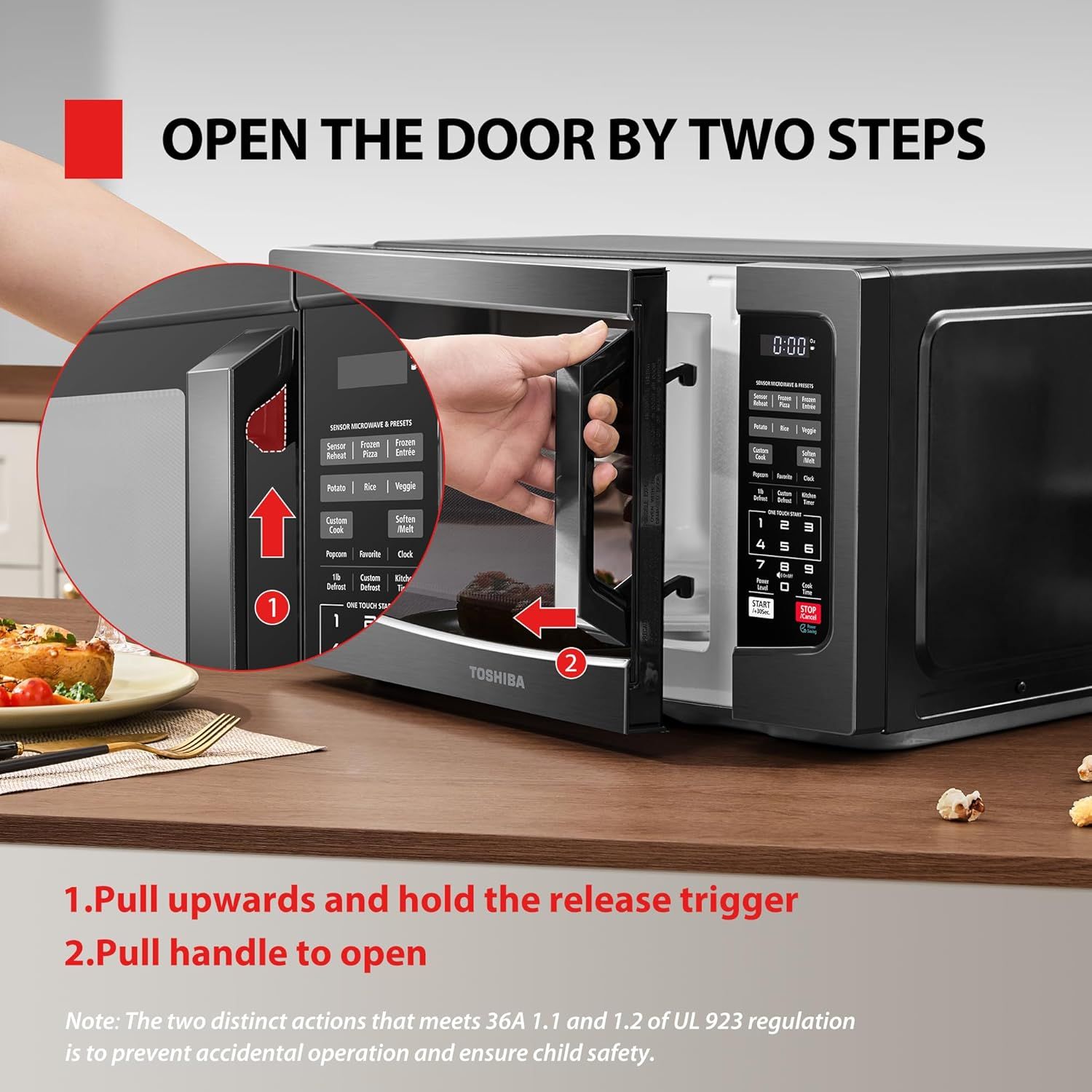Demonstrates the two-step process for opening the microwave door safely, reassuring shoppers about the child-safety feature and ease of use. Highlights the product's child safety features and…