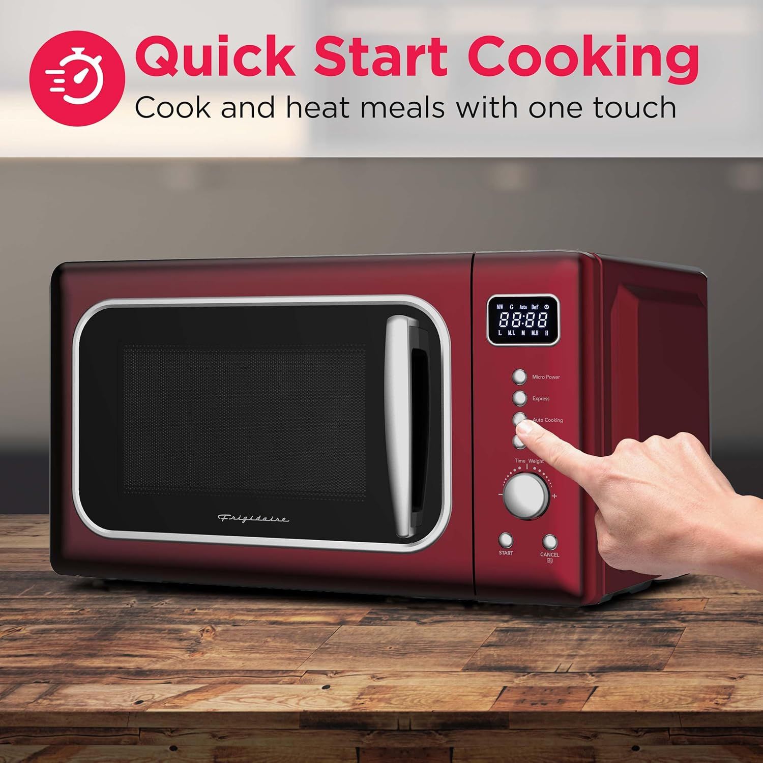 Communicates the convenience and ease of use of the microwave's quick-start cooking feature, showing that meals can be cooked and heated with just one touch.