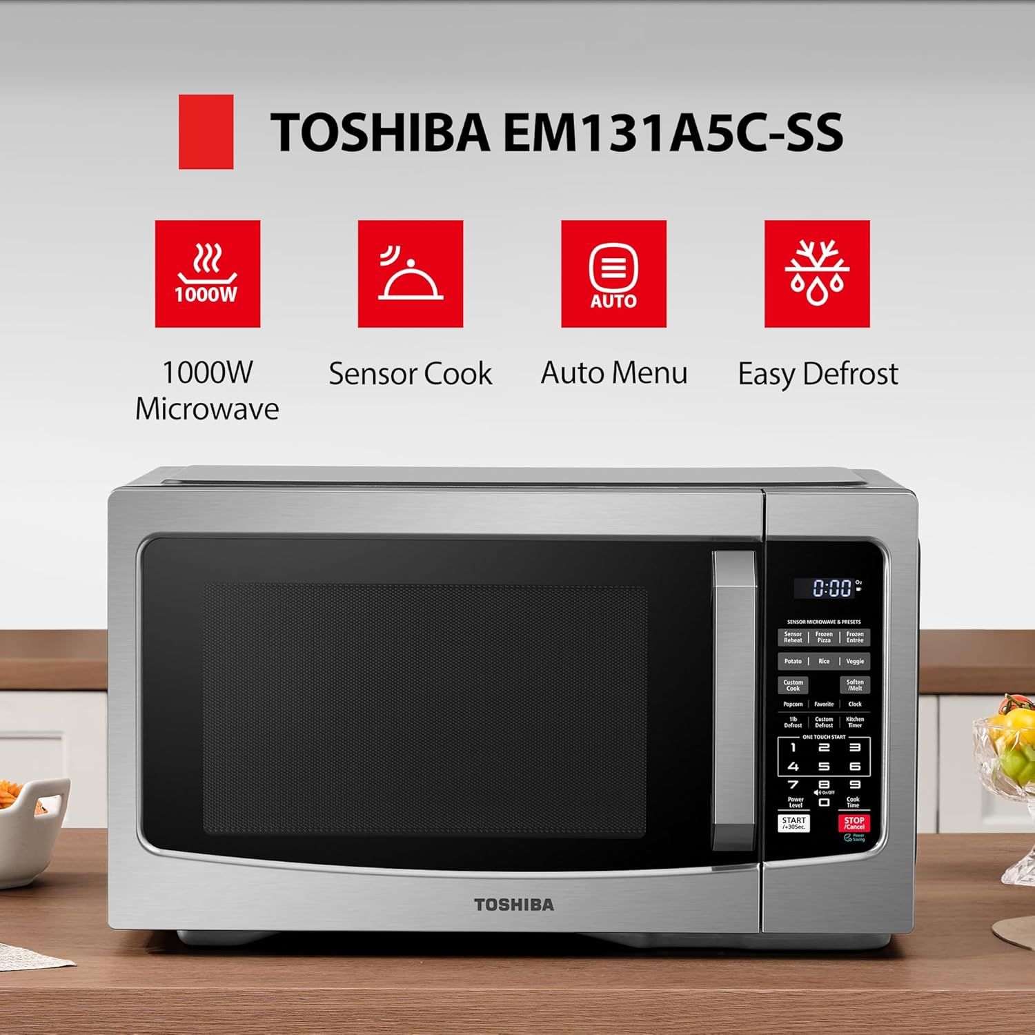 Highlights four key features of the Toshiba microwave in a segmented layout to communicate its versatility, power, and convenience to shoppers.