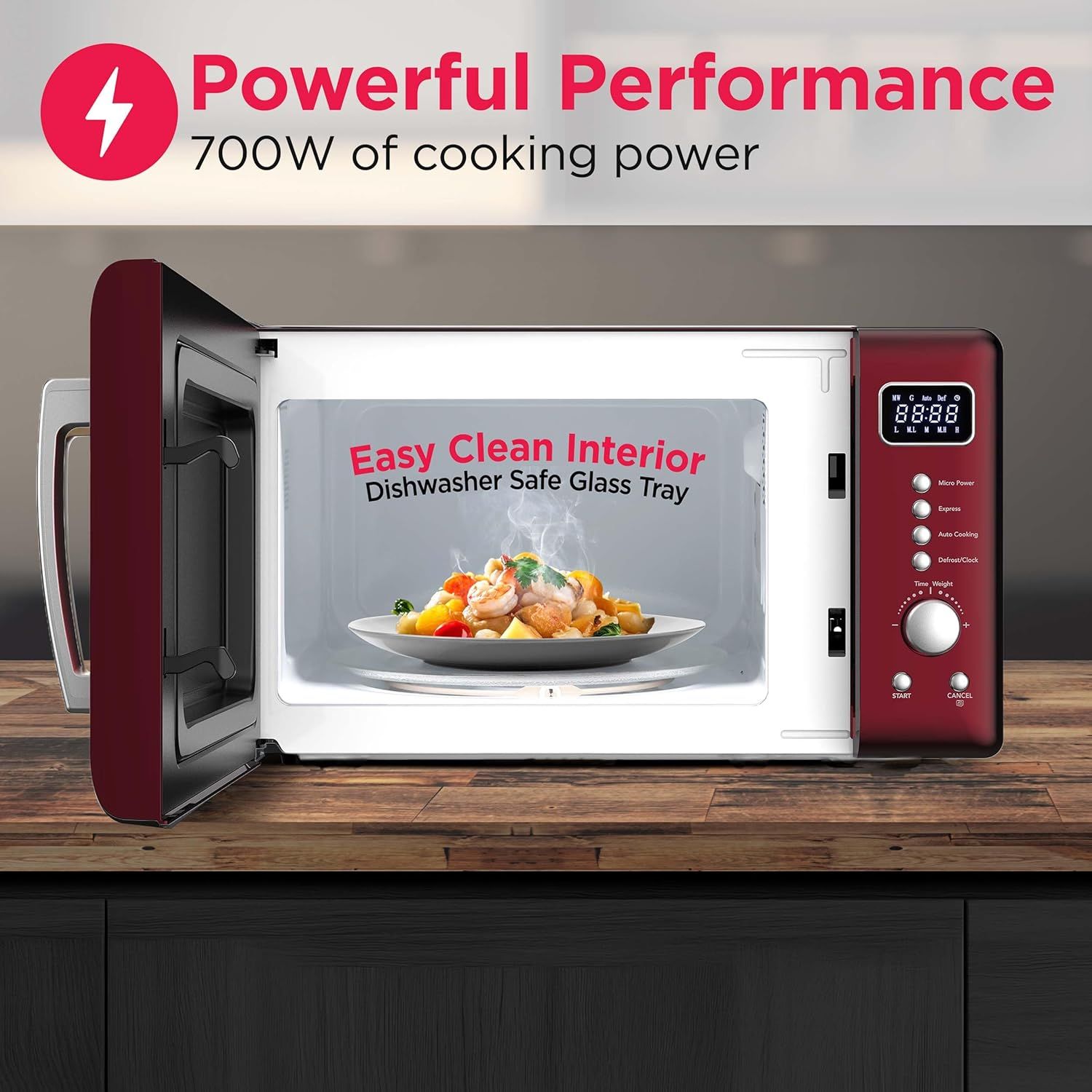 Communicates multiple key selling benefits of the microwave: high cooking power, easy-to-clean interior, and dishwasher-safe components to reassure shoppers of convenience and performance.