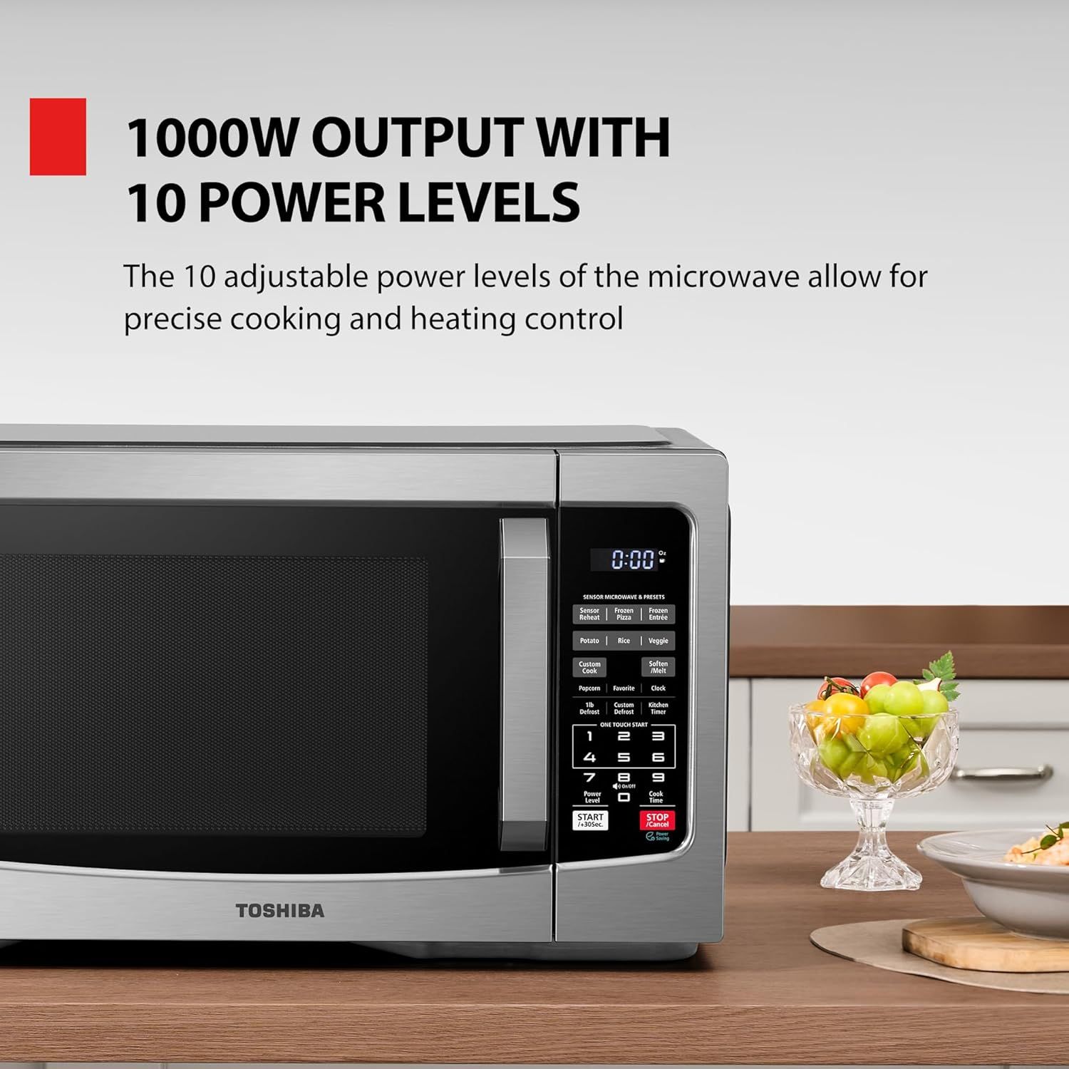 Communicates the microwave's high power output and precise control capabilities to reassure shoppers of its cooking performance and versatility. Highlights the benefit of adjustable power levels for…