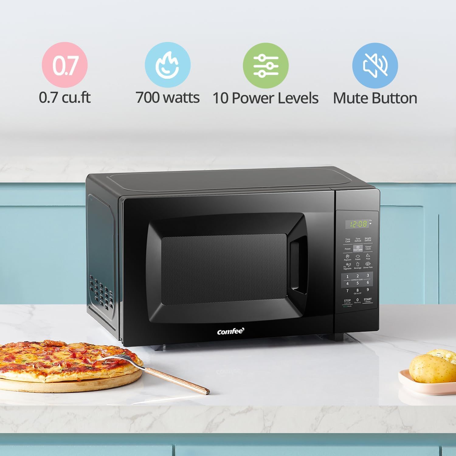 Communicates four key product specifications and features in a segmented layout to help shoppers quickly understand the microwave's capacity, power, control options, and convenience features.