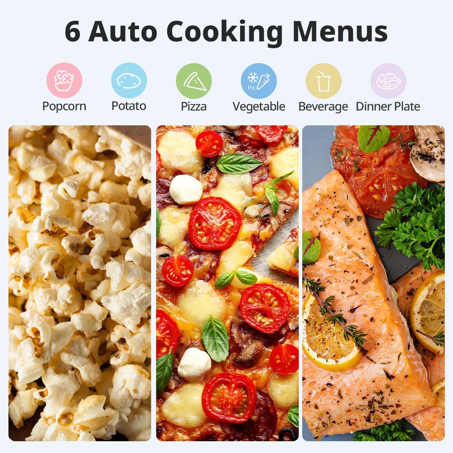 Demonstrates the appliance's convenience by showcasing six pre-programmed cooking menus (Popcorn, Potato, Pizza, Vegetable, Beverage, Dinner Plate) with visual examples to reassure shoppers of its…