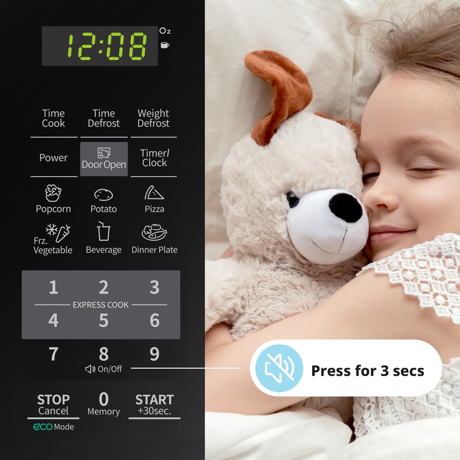 Demonstrates the microwave's family-friendly features including child safety lock, convenient preset cooking options, and energy-saving mode to reassure parents and highlight ease of use.